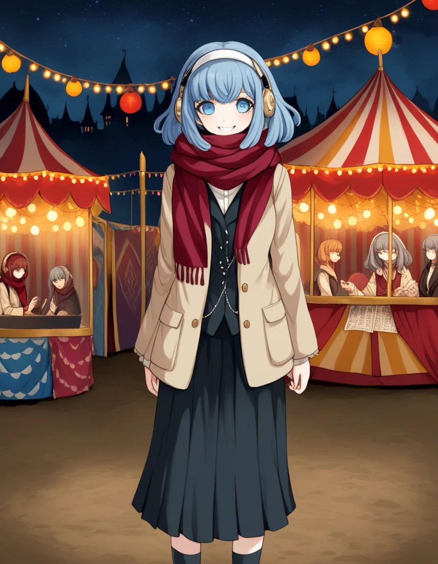 <lora:Miaya_Gekkogahara_SDXL:1>, Miaya Gekkogahara is a woman with blue-gray hair held by a light gray headband with white trim on top of it. Miaya is standing and it's a full body shot. She has long eyelashes and her eyes are blue. She is also wearing pale brown jacket a black vest and a black skirt. Miaya has her blue-grey hair held back by light grey headphones. She also wears a long dark red scarf. Miaya is smiling. Miaya Gekkogahara is strolling through a haunted carnival, where the rides creak and groan eerily. She stops at a fortune tellerâs tent and speaks with the spectral fortune teller, who seems troubled by her own predictions. Miayaâs calm presence reassures the fortune teller, making the tent feel less foreboding. The carnival lights flicker, casting eerie shadows on the ground.