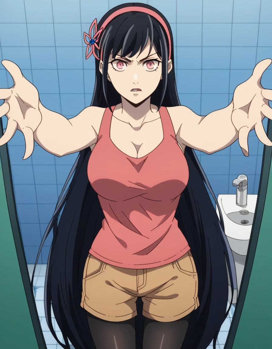 score_9, score_8_up, score_7_up, source_anime, <lora:yihwa-yeon-s2-ponyxl-lora-nochekaiser:1>, yihwa yeon, long hair, bangs, black hair, hair ornament, pink eyes, very long hair, hairband, large breasts,, cleavage, tank top, shorts, brown shorts, pantyhose, black pantyhose,, bathroom, tiles, mirror, sink, toiletries, , on back, arm support, arms up, incoming hug, pov, reaching, reaching towards viewer,, looking at viewer, solo,, dutch angle, cowboy shot