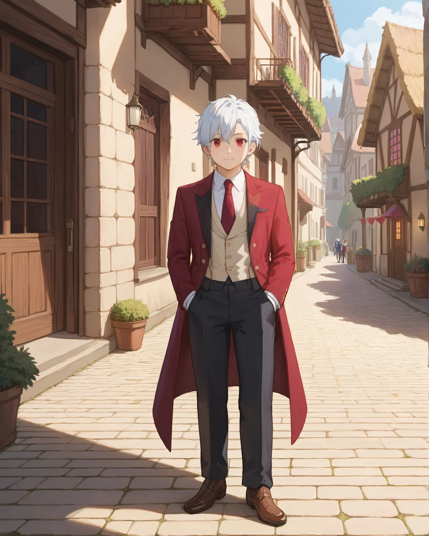 score_9,score_8_up,score_7_up,masterpiece, best quality, <lora:WHM 0.2v:0.5>, WHM, 2D,anime,
<lora:HandFixer_pdxl_Incrs_v1:0.5>,
<lora:bell01:0.7>full body, bell01,
<lora:Bell_Cranel_r2:0.1> belcranel,
1boy, looking at viewer, smile, shirt, red eyes, closed mouth, white hair, red necktie, formal,black pants, Tuxedo,
medieval town , fantasy,dungeon ni deai wo motomeru no wa machigatteiru darou ka style,