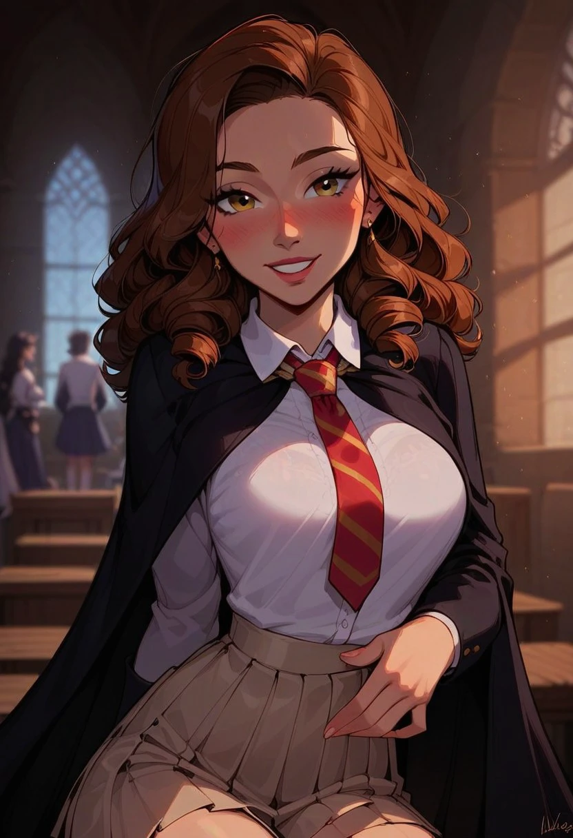 score_9, score_8_up, score_7_up, score_6_up, Expressiveh, very aesthetic, cute, sexy, hot, blush, flushed, blushing, bokeh:1.2, palindromeshpherm, (gray pleated skirt, Hogwarts school uniform, black cloak, white dress shirt, red and gold tie), smile, smiling,