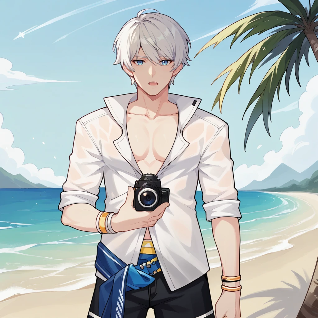 score_9_up, score_8_up, score_7_up, source_anime, 1boy, solo, beach, ocean, palm tree, standing, holding camera, photocamera, looking at you, curious, open mouth, Kevin, white hair, blue eyes, short hair, Kas_Swm, alt white shirt, alt shirt, collared shirt, open clothes, swim trunks, black shorts, alt blue belt, wristband, yellow strap, rolled up sleeves, white sleeves, male swimwear, mature body, dynamic cowboy shot,