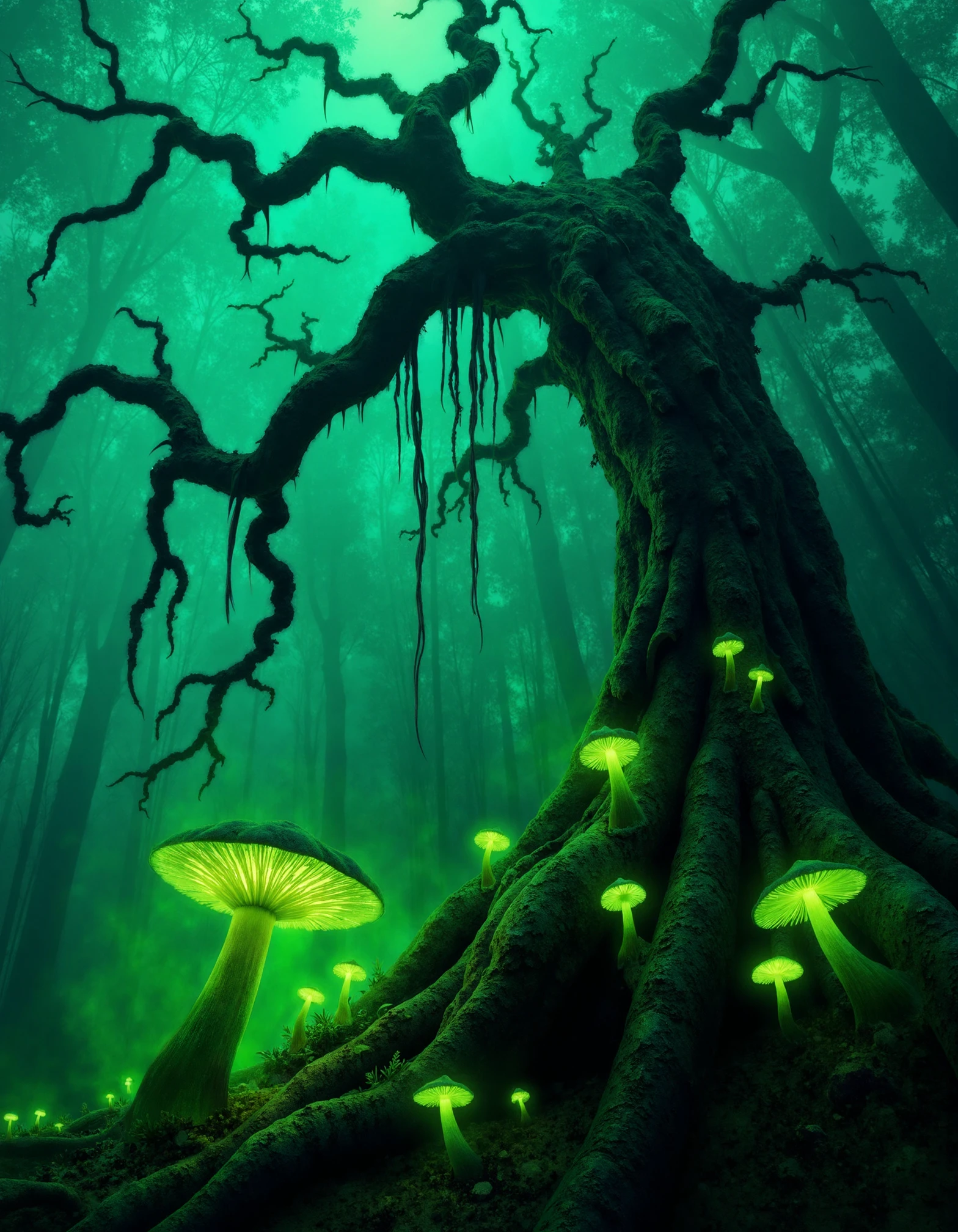 zavy-psnglw, Low-angle shot from beneath twisted branches, a skeletal tree with luminous green vines, a dark forest with fog swirling and patches of luminescent mushrooms, high-contrast surrealism, vibrant neon greens and deep blacks.