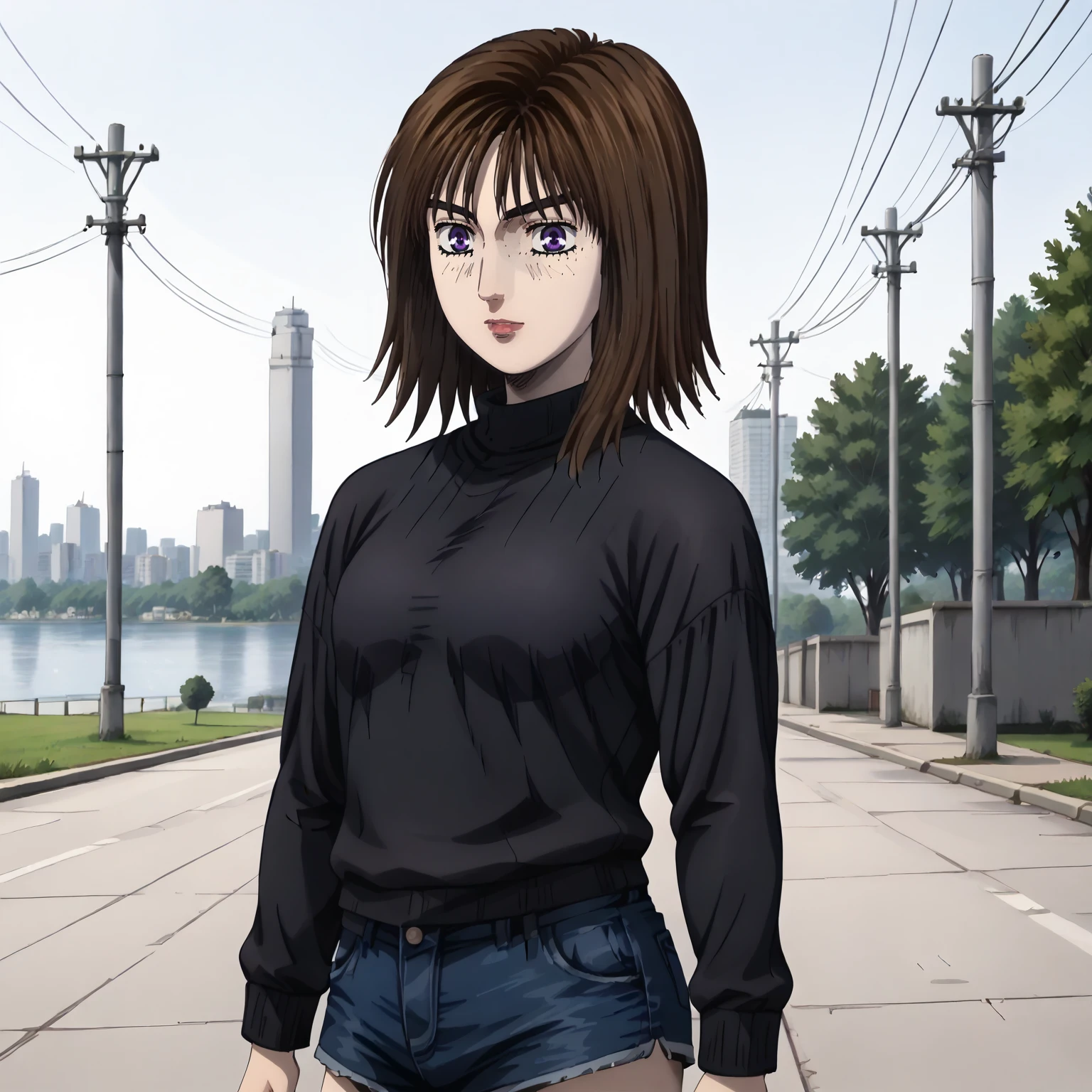 <lora:ID_KyokoIwaseXLpony003>,
outdoors,
solo,
KyokoIwase,1girl,brown hair,medium hair,bangs,purple eyes,
black sweater,turtleneck,
denim shorts,