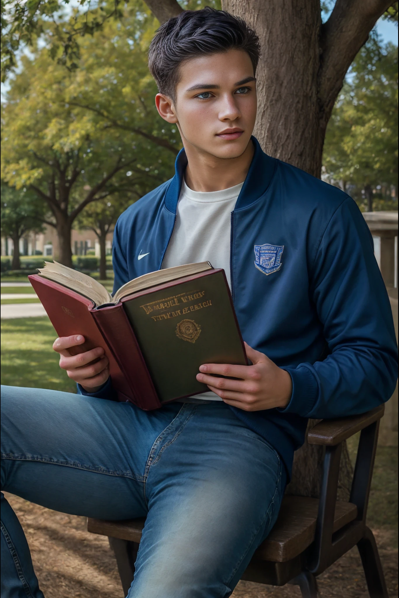 <lora:Michael_West_GV:1>1boy, young man, 21 years old, slender twink, black hair, blue eyes, college student, , Masterpiece, photo-realistic, Crystal clear, highly detailed, college man, professor, wearing a varsity jacket and blue jeans, sitting under a tree on a college campus, reading a book and studying.