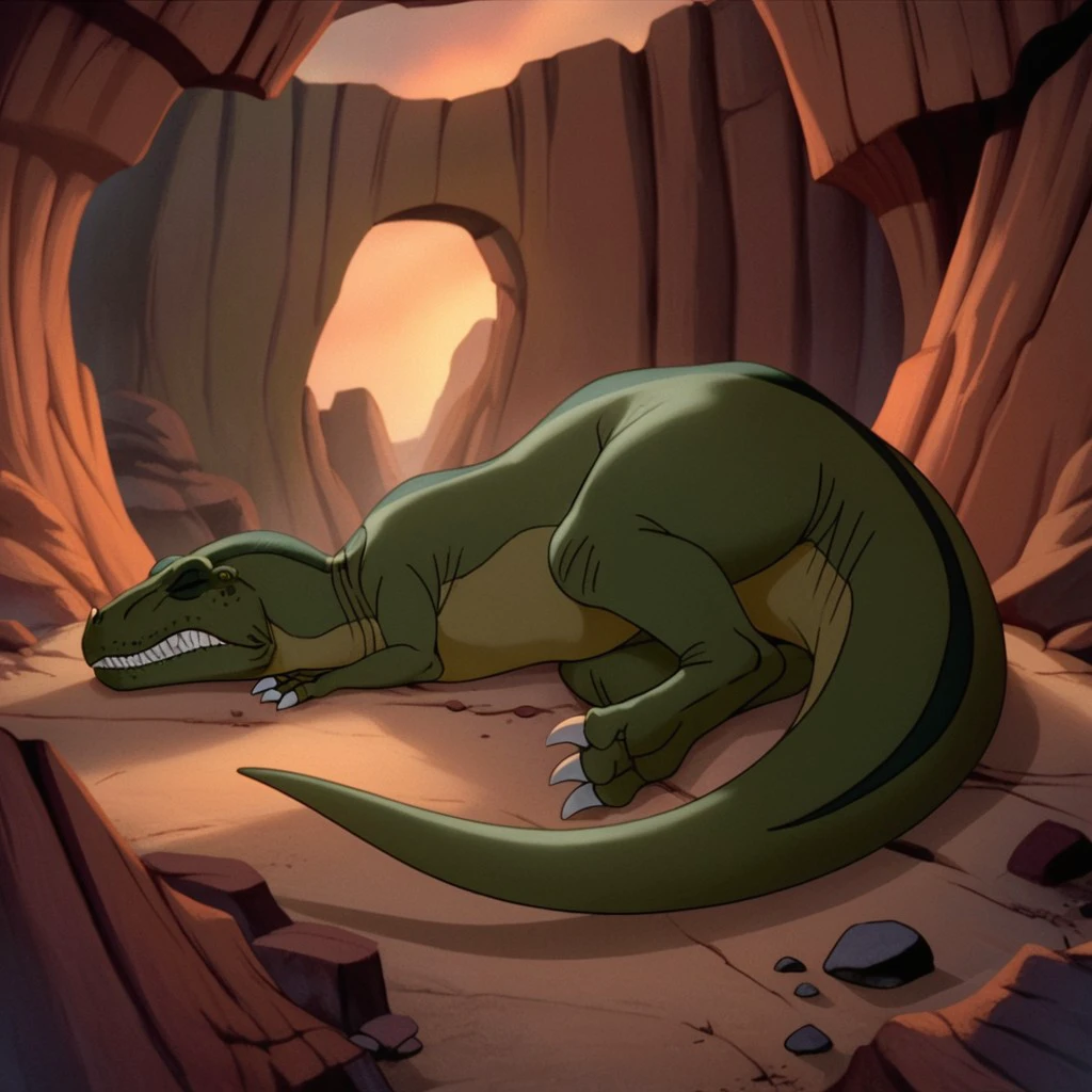 score_9, score_8_up, score_7_up, score_6_up, source_furry, Sharptoothlbtv2, feral, male, Tyrannosaurus, theropod, 1boy, dinosaur, scalie, green skin, eyes closed, lying, on side, canyon background, rocks, , <lora:0a2439f7-e08f-48a3-af4c-266c6d5b1fc9:0.7>