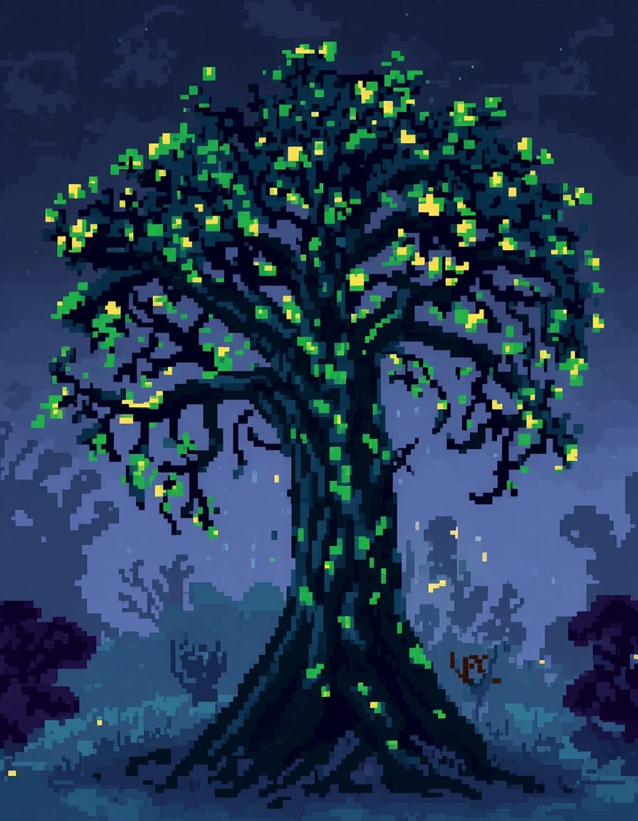 pixel art, A sentient tree with glowing veins, communicating through light pulses with nearby animals.