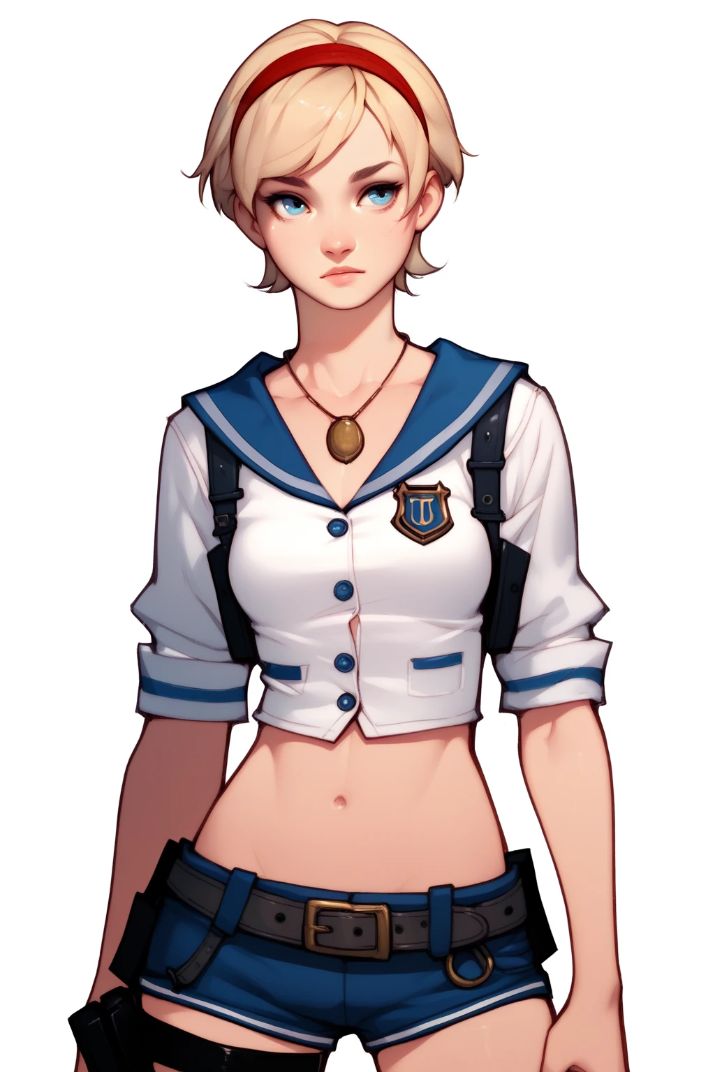 <lora:RE_SherryBirkin-PONY:0.8> 1girl, solo, short hair, blonde hair, blue eyes, cowboy shot, white background, sherryfuku, hairband, necklace, school uniform, midriff, short shorts, belt, thigh holster, score_8_up, score_7_up, score_6_up, score_5_up, score_4_up,