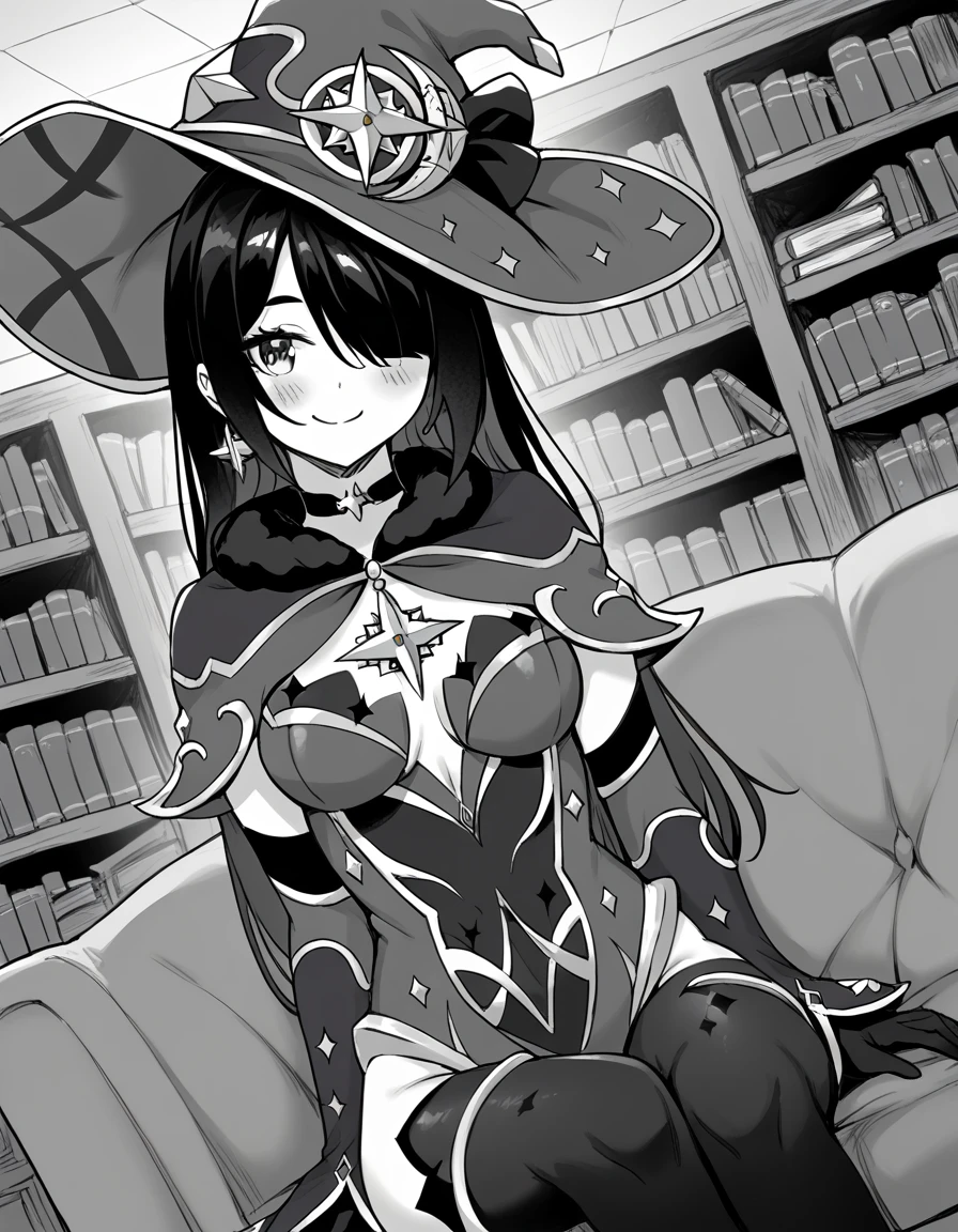 score_9, score_8_up, score_7_up, source_anime, <lora:enishi-fuyushima-manga-ponyxl-lora-nochekaiser:1>, enishi fuyushima, long hair, hair over one eye, black hair, monochrome, greyscale, medium breasts,, <lora:genshin-mona-cosplay-ponyxl-lora-nochekaiser:1>, genshin mona cosplay, mona (genshin impact) (cosplay), gloves, hat, jewelry, earrings, detached sleeves, choker, black gloves, cape, leotard, witch hat, hat ornament,, indoors, library, books, sitting, smile, blush, cowboy shot, looking at viewer, , dutch angle, cowboy shot