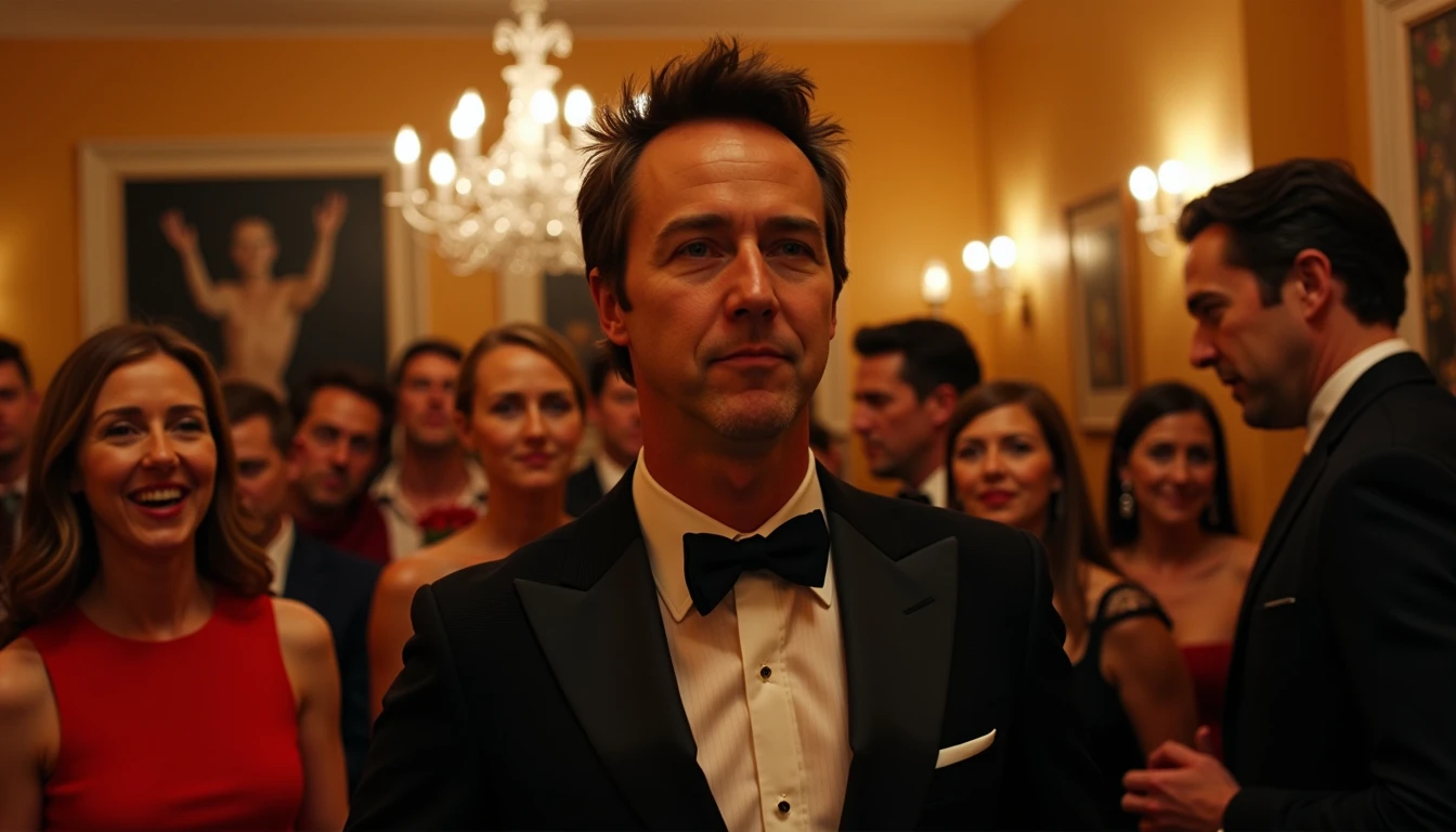 Edward Norton dressed up at a party in a house full of people celebrates