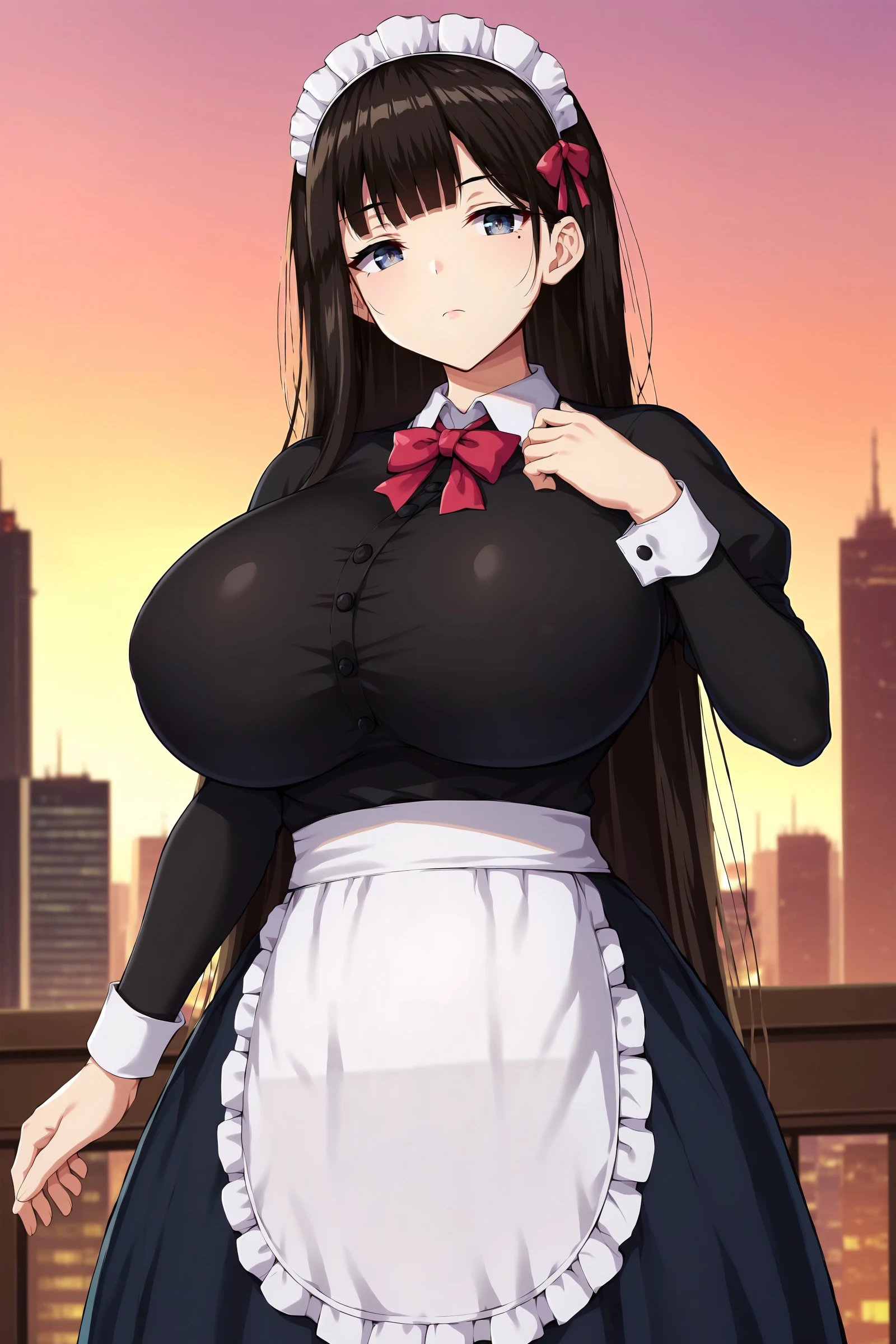 score_9, score_7_up,
BREAK
solo, 1girl, looking at viewer, closed mouth, 
BREAK
<lora:sumika-maid-pony-000027:1>, Sum1ka, expressionless, black hair, very long hair, hair ribbon, hair bow, huge breasts, silver eyes,
maid, maid headdress, long apron, white apron, waist apron, black maid outfit, black shirt, juliet sleeves, long sleeves, frills, buttons, long skirt,
BREAK
outstretched hand,
skyscraper, towering height, glass facades, urban skyline,