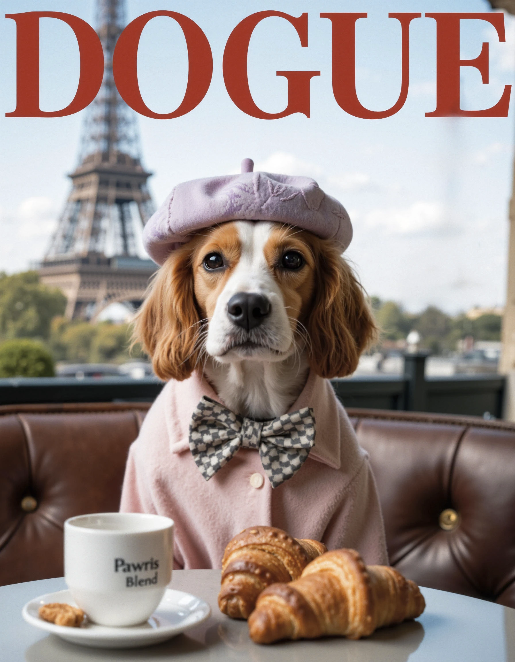 high-fashion magazine cover titled "DOGUE," featuring a stylish dog as the main model. The dog is dressed in chic, Parisian-inspired attire: a pastel beret, a patterned bowtie, and a trendy outfit in soft colors, seated with a classic French café backdrop. The background includes a blurred view of the Eiffel Tower, enhancing the Paris vibe. Small props, like a cup labeled "Pawris Blend" and a couple of croissants, are on the table in front of the dog for added detail. The magazine cover layout includes text at the top saying "DOGUE," with a smaller subheading for the dog's name (choose a French-inspired name like "Chérie" or "Pierre") and the date. Ensure the lighting is soft and elegant, giving a professional, editorial look.

Style: Vogue magazine parody, editorial, glamorous, Parisian aesthetic.
Color Palette: Soft pastels with accents of pink, beige, and lavender.
Shot Angle: Slightly zoomed-in, centered on the dog for a classic cover look.
Expressions and Details: Make the dog look poised and charming, with a slight head tilt for added charisma.

