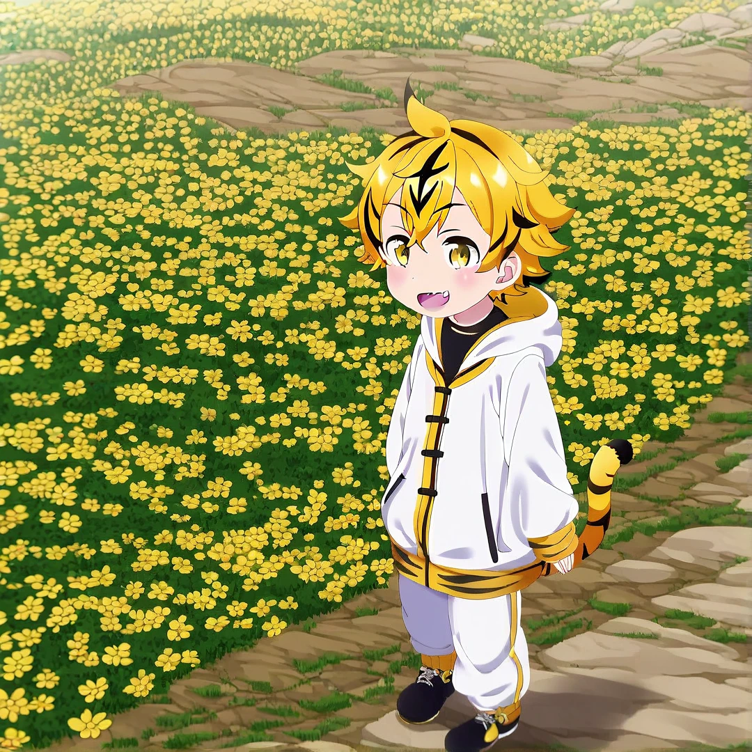 1boy, tall, adult, 6 ft, wears a white hoodie, white jogging pants, black shoes, multi-colored hair, half yellow hair, half white hair, yellow eyes, cute face, yellow waistcoat with sleeves, beautiful scenery, solo, fang shaped teeth, tiger arm