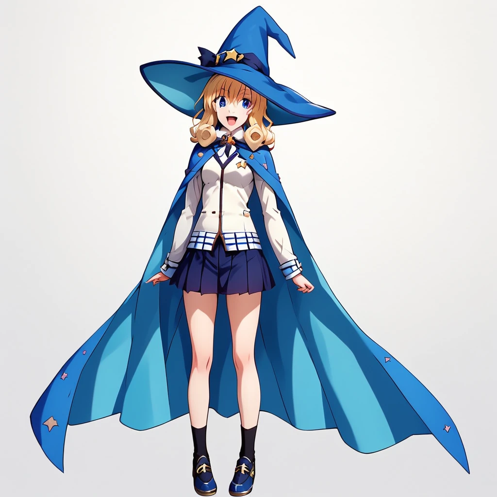 l3f4ypendr4g0n,Le Fay Pendragon,Le Fay Pendragon (high school dxd), 1girl, solo, smile, open mouth, blue eyes, skirt, blonde hair, simple background, long sleeves, hat, white background, standing, full body, pleated skirt, shoes, socks, star (symbol), cape, witch hat, curly hair