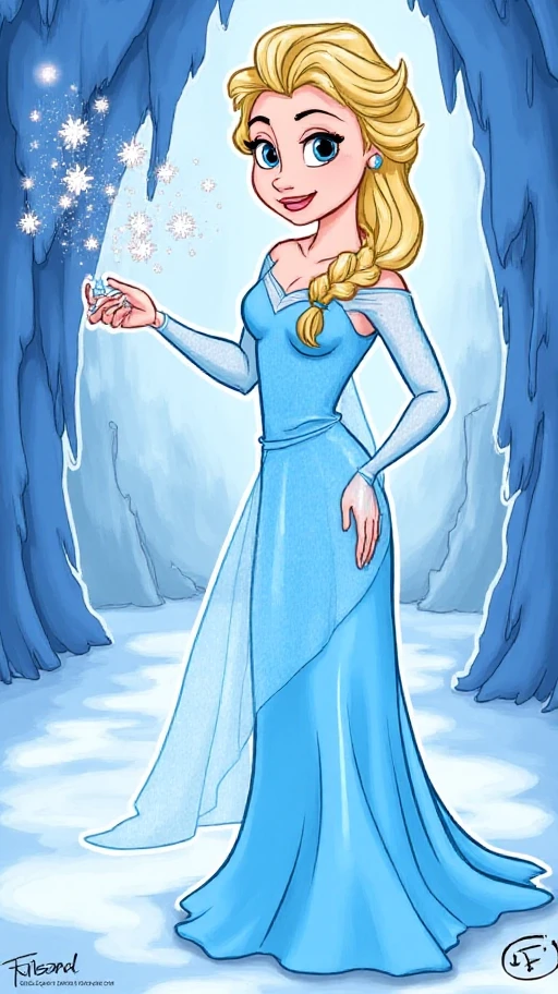 <lora:tombancroft_flux:1> A full body  digital art piece of Elsa from Frozen in her ice palace.  She is standing elegantly with one hand raised and sparkles of ice and snow flying out of it, while she looks at the viewer with a smile. The drawing is a digital art piece and  fully colored with a beautiful intricate background.  Elsa has her trademark blue ice dress with visible shoulders and her blonde braided hair.  Cute pretty cartoony design.