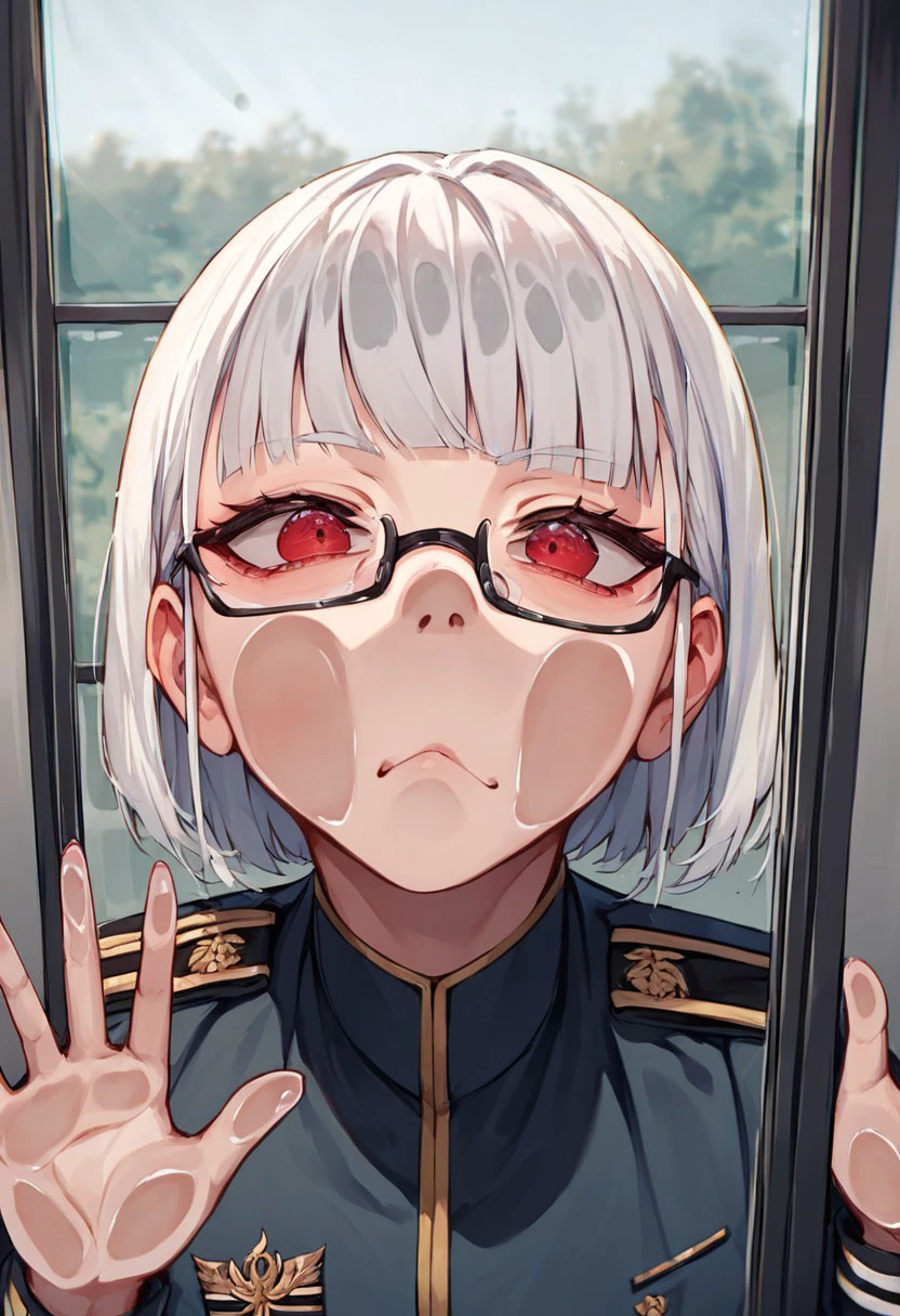 score_9, score_8_up, score_7_up, score_6_up, source_anime BREAK 1girl, white hair, red eyes, bangs, straight fringe, glasses, against glass, pressed face, face on glass, glasses,  military uniform, window, head sideways, stupid face, squashed face, pressed cheek