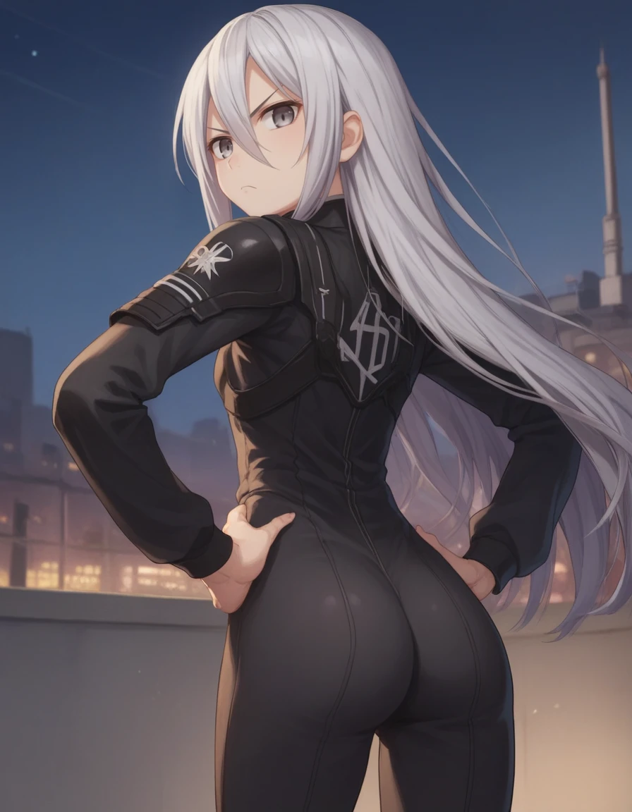 score_9, score_8_up, score_7_up, source_anime, <,<lora:Felli_loss_-_Chrome_shelled_regios_-_V1:.9> felli, gray hair, gray eyes, 1girl, long hair, hair between eyes, ,( black battle suit:1.2) , (battlesuit:1.2),  angry,  night, city,
1 girl, cute, ,, head tilt, rear view, round ass, dutch angle, close-up, looking at viewer, looking back, hands on hips,