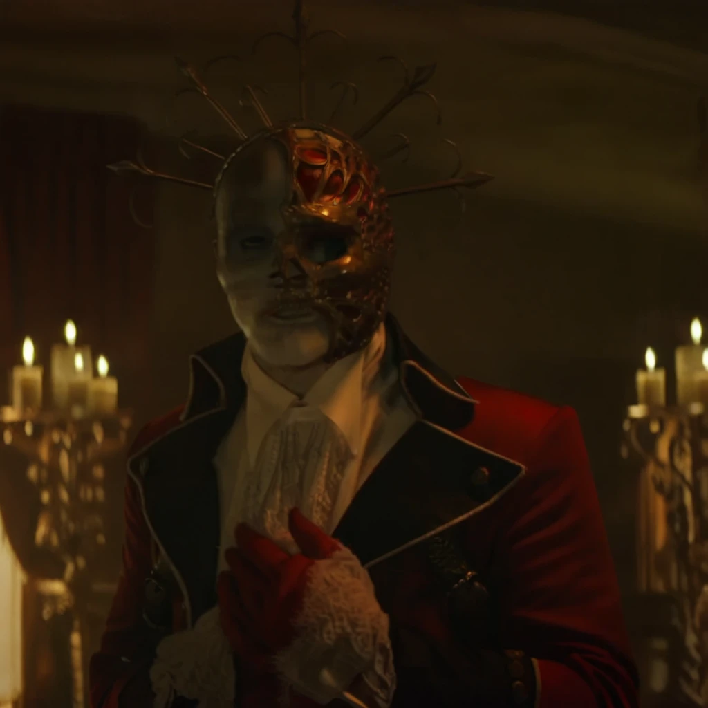 redjackdp, A full-body portrait of Red Jack standing in a dimly lit, grand room with Victorian decor. He wears a red military coat with gold embroidery, a white ruffled shirt, black lapels, and a red sash belt. His face is half-covered with a skeletal mask, and an ornate gold crown with spikes rests on his head. He stands with a sinister expression, white gloved hands by his side, intense gaze looking forward. The atmosphere is dark and gothic, with shadows emphasizing the dramatic details of his outfit and skeletal mask.