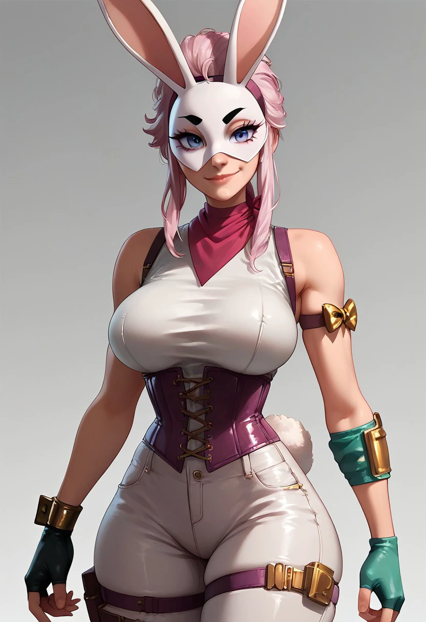 Score_9, score_8_up, score_7_up, best quality,
Stella, 1girl, Bunny Mask, skinny waist,sleeveless shirt, corset, pants, rabbit tail, fingerless gloves, kneepad, shinpad, bow thighstrap, gold wristband, bandana on arm, looking at viewer, looking at viewer, smirk, upper body, big breasts, wide hips, thick thighs, sexy, latex, skintight,