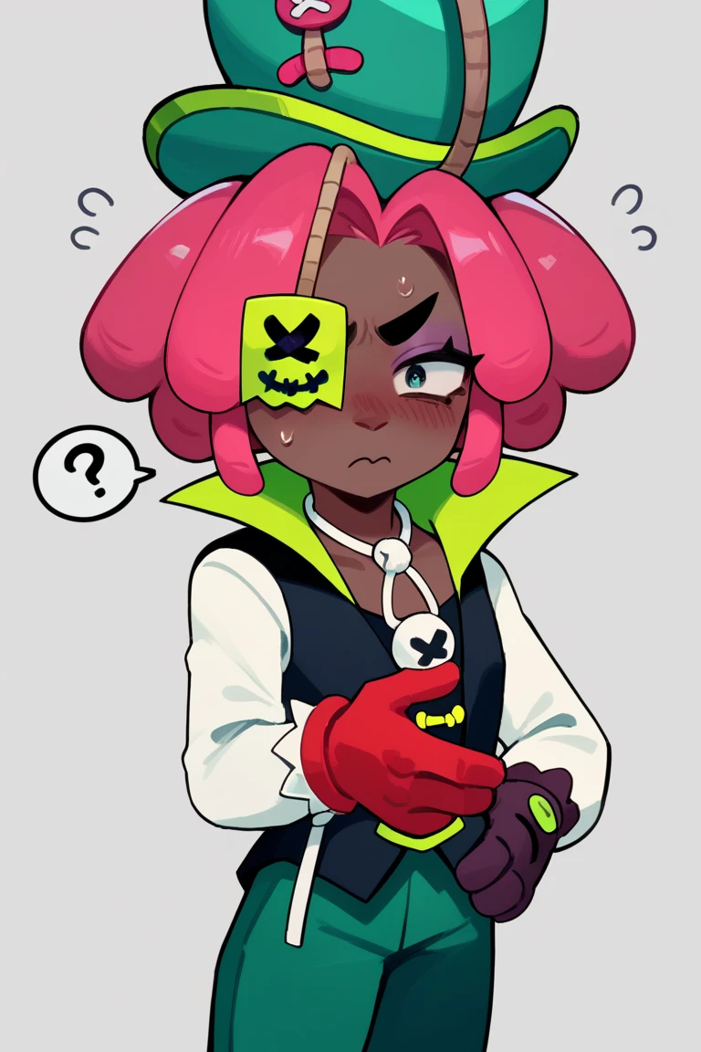 Score_9, Score_8_up, Score_7_up, bsjuju, 1girl, pink hair, short hair ,dark skin, green hat, green pants, black vest, asymmetrical sleeves, one-eyed, eye covered  ,Single glove, red glove, solo ,simple_background, blush, confused, ???, nervous ,valbun ,sweat