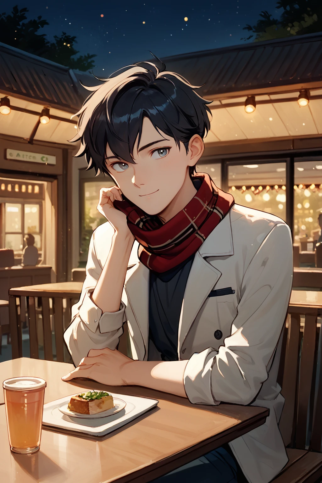 sci-fi illustration, gyunei, solo male, handsome face, black hair, slim build, casual clothes, cute scarf, <lora:gyunei:0.8>, at cafe table, date night, golden lights, (score_9, score_8_up, score_7_up)