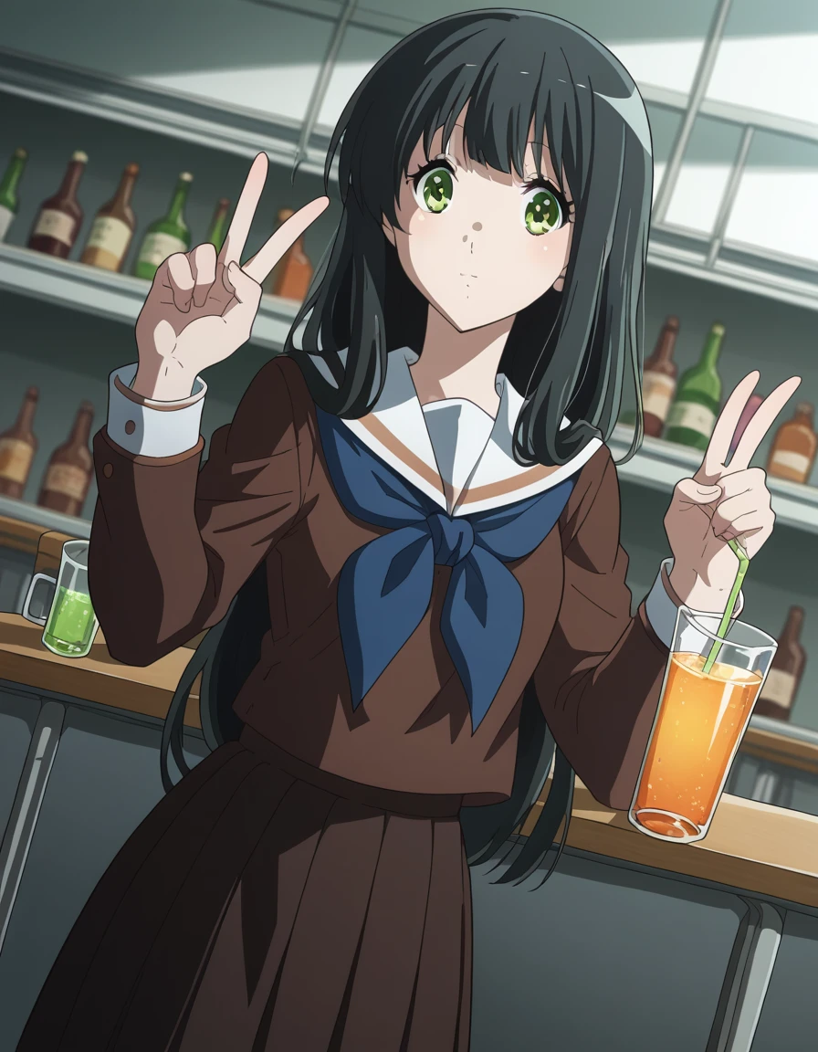 score_9, score_8_up, score_7_up, source_anime, <lora:sari-yoshii-s3-ponyxl-lora-nochekaiser:1>, sari yoshii, long hair, bangs, black hair, green eyes,, school uniform, serafuku, neckerchief, kitauji high school uniform, brown shirt, white sailor collar, blue neckerchief, brown skirt, pleated skirt,, bar, drinks, stools, counter, nightlife, , v,, looking at viewer, solo,, dutch angle, cowboy shot