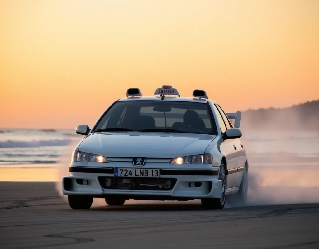 A completely sporty white Peugeot 406 taxi with two air intakes on the roof is drifiting on a beach at sunset. the licence number is "724 LNB 13"
 <lora:406:0.9>