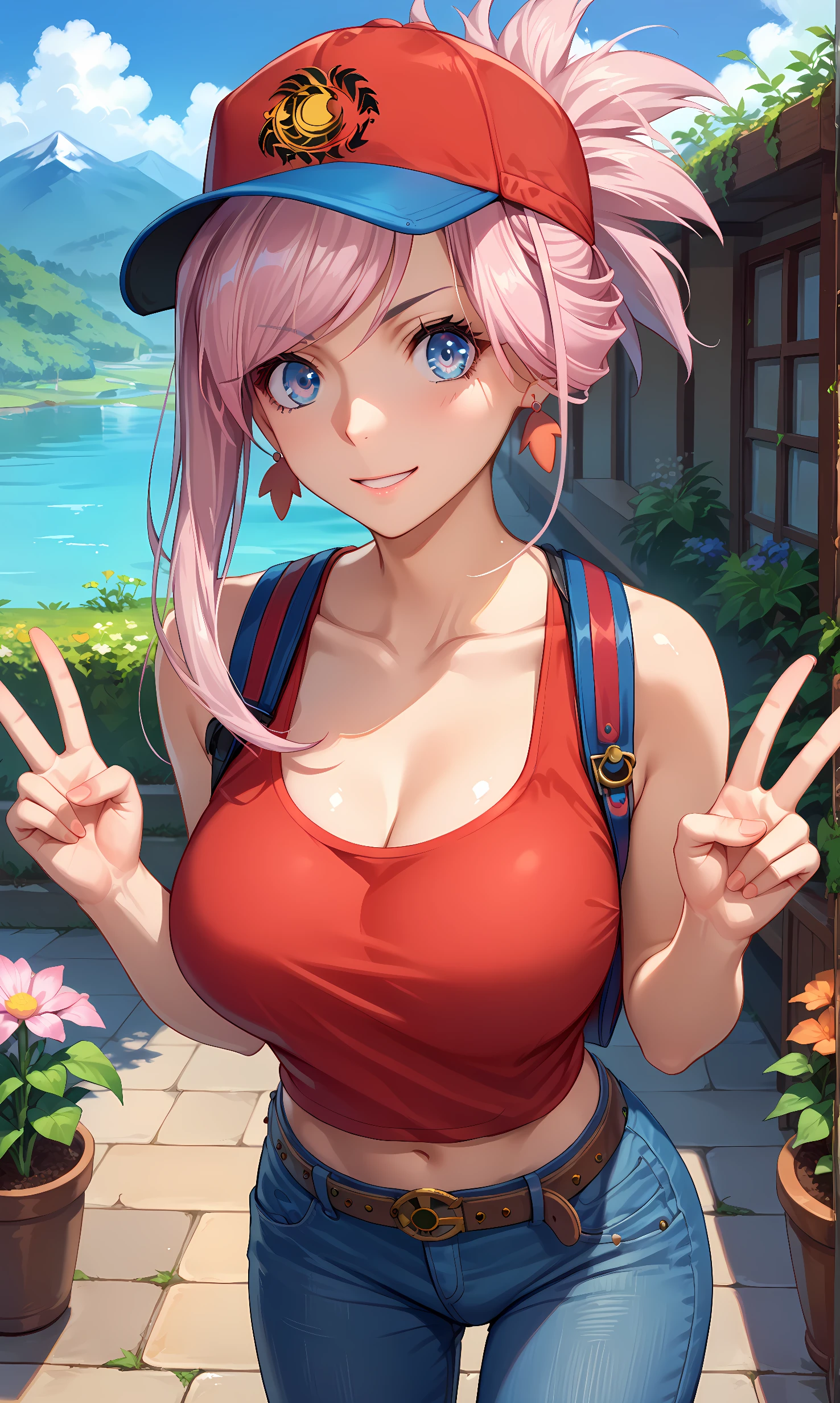 score_9, score_8_up, score_7_up, source_anime, 1girl, solo, outdoors, garden, mountain, cowboy shot, standing, looking at viewer, shiny skin, miyamoto_musashi, blue eyes, medium hair, pink hair, ponytail, hair ornament, asymmetrical hair, collarbone, earrings, hair between eyes, hair ornament, swept bangs, red tank top, baseball cap, red hat, midriff, denim pants, belt buckle, double v 