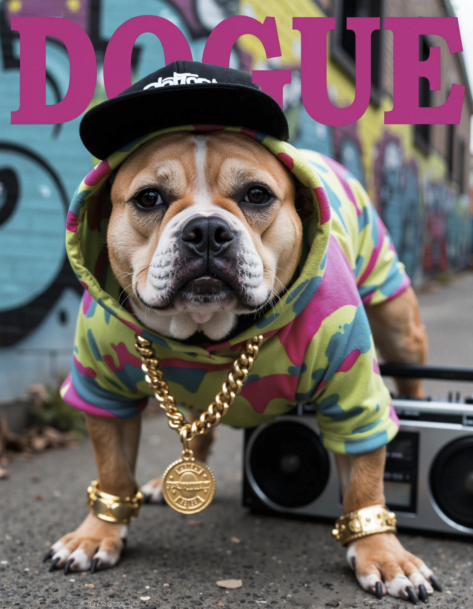 "DOGUE" magazine cover featuring a French Bulldog or Pitbull dressed as a hip-hop superstar. The dog is decked out in oversized gold chains, a tiny hoodie with a bold graffiti print, and a snapback hat tilted to the side. It’s posed in front of an urban background with a graffiti-covered wall, and a boombox sits beside it on the ground. The cover text could read: "Paw-some Beats – The Rise of Hip-Hop Hounds." Add playful details like sunglasses hanging off the dog's snout, a “Pawtinum” medallion, or a tiny microphone in front of it.

Style: Hip-hop, urban, street style, and bold.
Color Palette: Bright graffiti colors—neon pink, electric blue, lime green—contrasted with gold and black for the accessories.
Shot Angle: Eye-level shot to make the dog look confident and cool, as if it's ready to drop its next album.
Expression and Details: The dog has a “serious” but cool expression, giving off a laid-back, confident vibe.