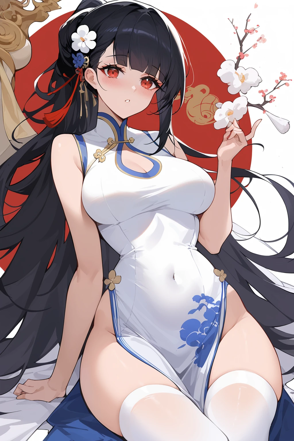 score_9,score_8_up,score_7_up,source_anime,incredibly absurdres,huge filesize,female_pervert,uncensored,ojousama,bishoujo,curvy,medium breasts,narrow_waist,slender_waist,china dress,chinese clothes,hanfu,straight_hair,black hair,bangs,long_eyelashes,yat sen,1girl,yixian,long hair,black hair,hair ornament,red eyes,yat sen \(azur lane\),white legwear,<lora:yixian-000008:0.8>,high ponytail,light_blush,adult,mature_female,motherly,harem,