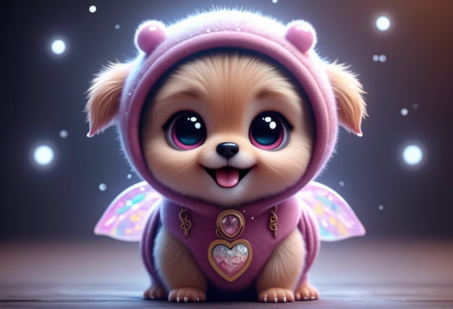 a small puppy in a magical outfit, bv-cutenh, smiling at the viewer, captured from a front view, in a fantastical style, ultra-detailed, with vibrant, radiant colors and soft magical glow that creates a sense of wonder, emphasizing extreme cuteness and charm with soft, rounded features, oversized, expressive eyes, and an enchanting atmosphere.<lora:bv-cuteness-enhancer-v1.safetensors:1.0:1.0>