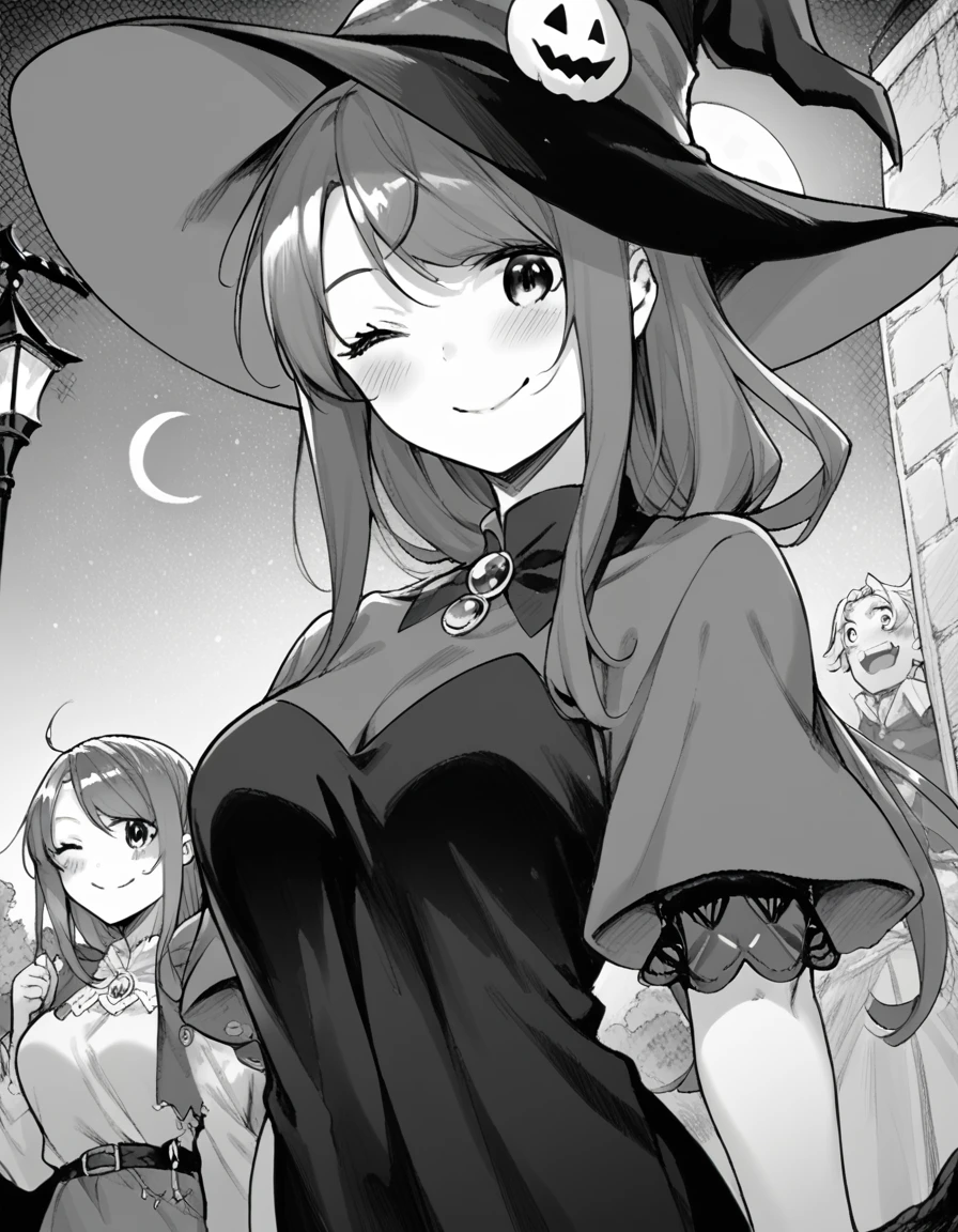 score_9, score_8_up, score_7_up, source_anime, <lora:maya-akitsu-manga-ponyxl-lora-nochekaiser:1>, maya akitsu, long hair, bangs, monochrome, greyscale, large breasts,, <lora:witch-ponyxl-lora-nochekaiser:1>, witch, hat, witch hat, dress, halloween, halloween costume, jewelry,, night, moon, blush, smile, one eye closed,, , dutch angle, cowboy shot