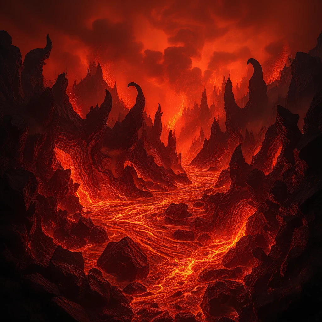 A vivid, fiery hellscape filled with intense details. Multiple massive, horned demons with menacing expressions stand on cracked, jagged molten rocks, their skin textured like scorched stone, eyes glowing with an ominous red light. Each wields an intricately designed, heavy sword, glowing faintly along the edges, reflecting the ambient fiery light. Towering mountains of molten rock and volcanic ash rise in the background, while streams of lava flow between boulders, creating a chaotic yet majestic terrain. The sky above is thick with churning, dark red clouds interspersed with fiery orange hues, casting shadows across the landscape. Embers and ashes float through the air, illuminating the scene with a pulsating, eerie red glow.