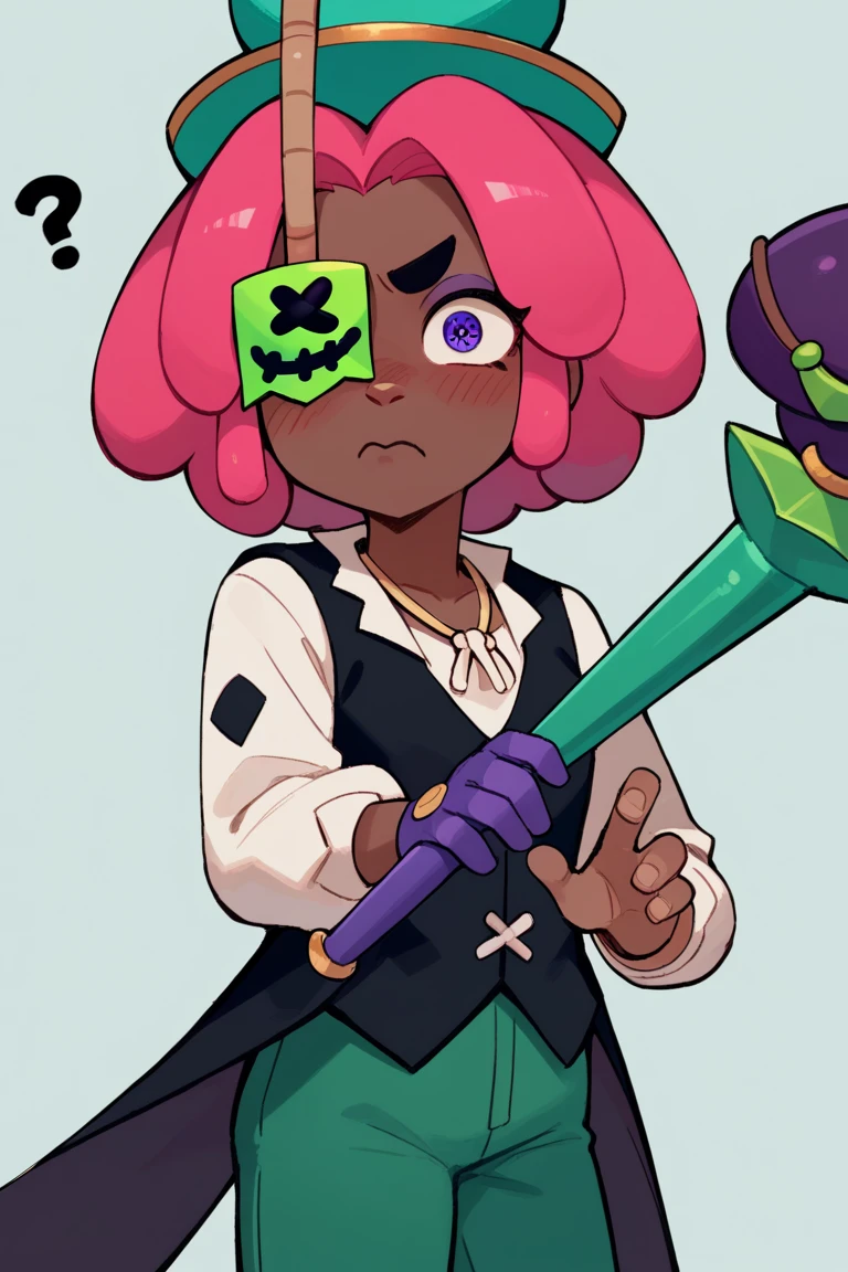 Score_9, Score_8_up, Score_7_up, bsjuju, 1girl, pink hair, short hair ,dark skin, green hat, green pants, black vest, asymmetrical sleeves, one-eyed, eye covered  ,Single glove, solo ,simple_background, blush, confused, ???, nervous, scepter