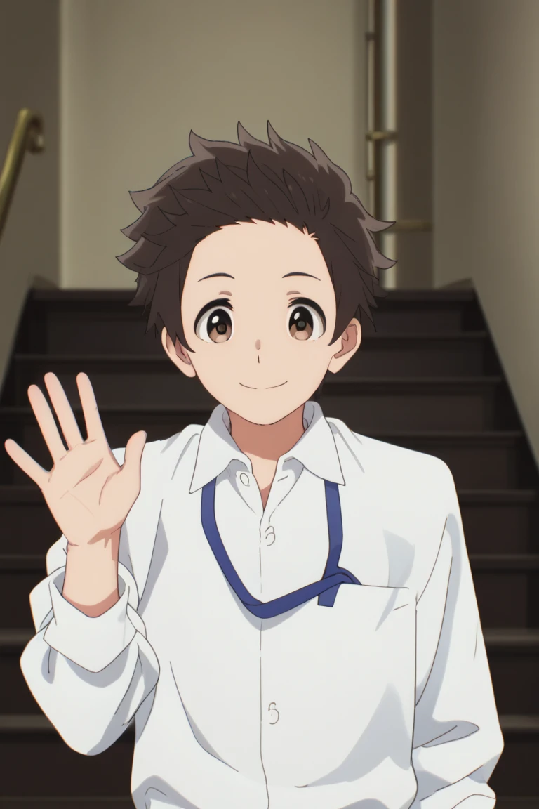 score_9, score_8_up, score_7_up, score_6_up, score_5_up, score_4_up, yonaip, brown eyes, brown hair, 1boy, male focus, smile, solo, shirt, waving, looking at viewer, white shirt, collared shirt, stairs, closed mouth, anime coloring, lanyard, indoors