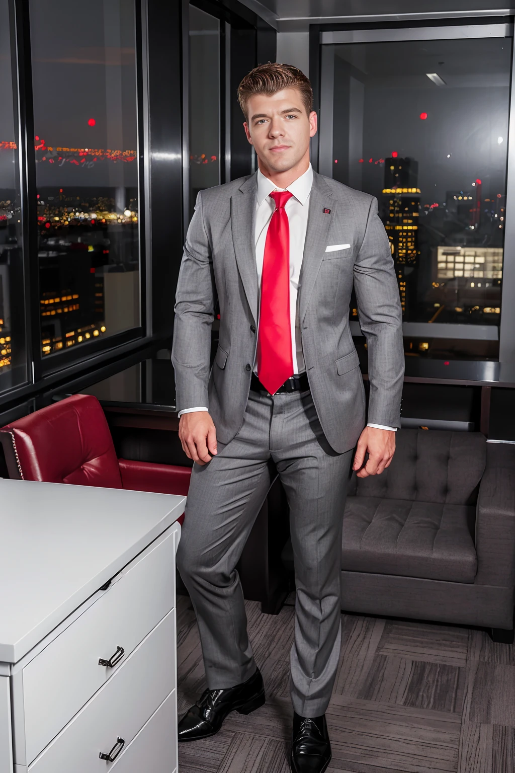 corner office in a tall skyscraper, standing next to a desk, JJKnight is an investment banker, wearing a business suit, white shirt, red tie, (dark gray jacket and slacks), dark gray socks, dress shoes, (((full body portrait))), wide angle  <lora:JJKnight:0.8>