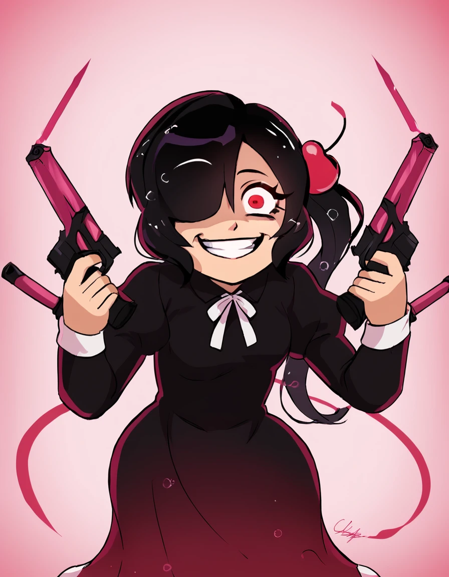 <lora:CherryColaCookie:1> ccolacookie, 1girl, solo, black hair, dress, red eyes, hair over one eye, ponytail, cherry hair ornament
 <lora:DanielRadcliffeHoldingTwoGunsMeme_pdxl_Incrs_v1:1> handgun, holding gun, holding weapon, dual wielding, finger on trigger, smile, grin, crazy eyes