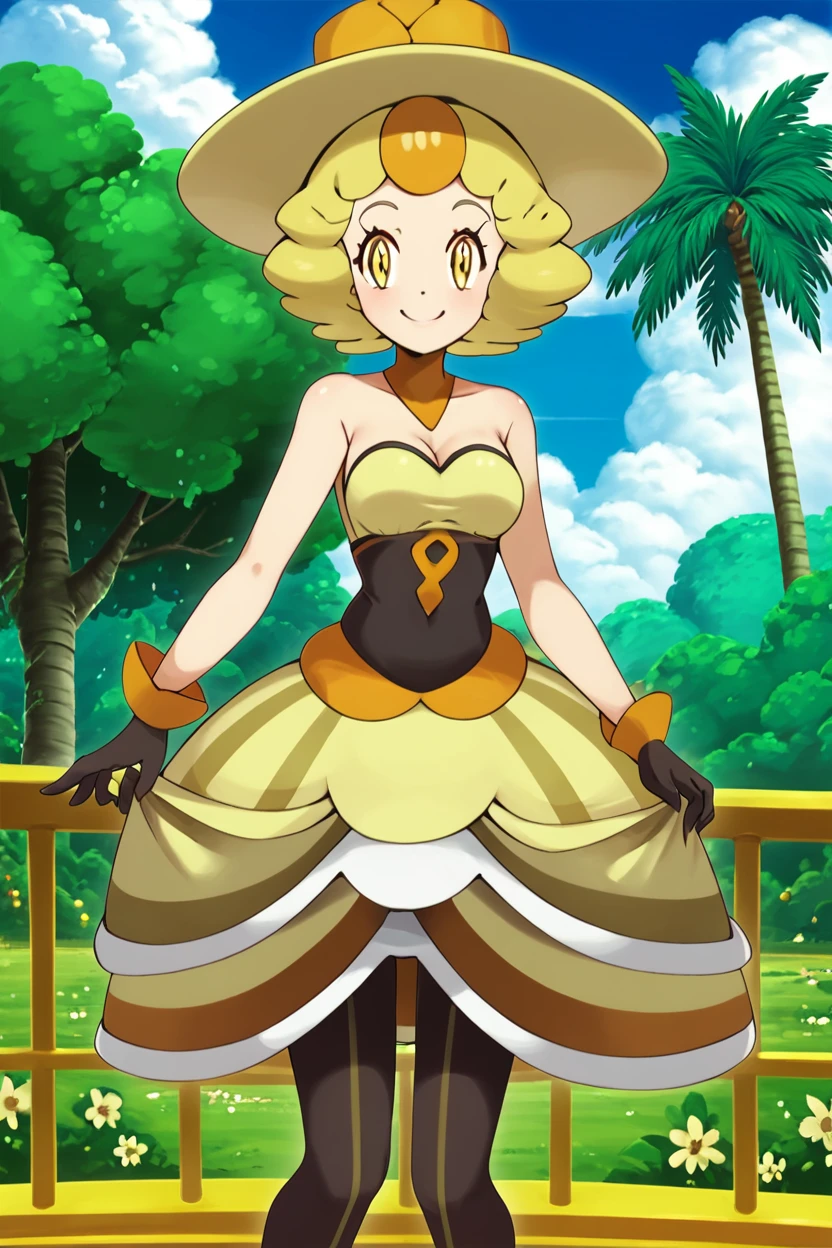 score_9, score_8_up, score_8, medium breasts, (curvy), cute, eyelashes,       ,,, , ,,,   zzNita, yellow eyes, blonde hair, short hair, yellow hat, yellow dress, bare shoulders, black gloves, pantyhose, <lora:Nita_Pokemon_PDXL:1.0>,       ,,,, BREAK, smile, looking at viewer, cowboy shot, ,,, outdoors, sky, day, cloud, tree, blue sky, sunny,  ,,, Expressiveh, ,,, <lora:Alola_Style_PDXL:0.8>, <lora:Expressive_H-000001:0.4>,