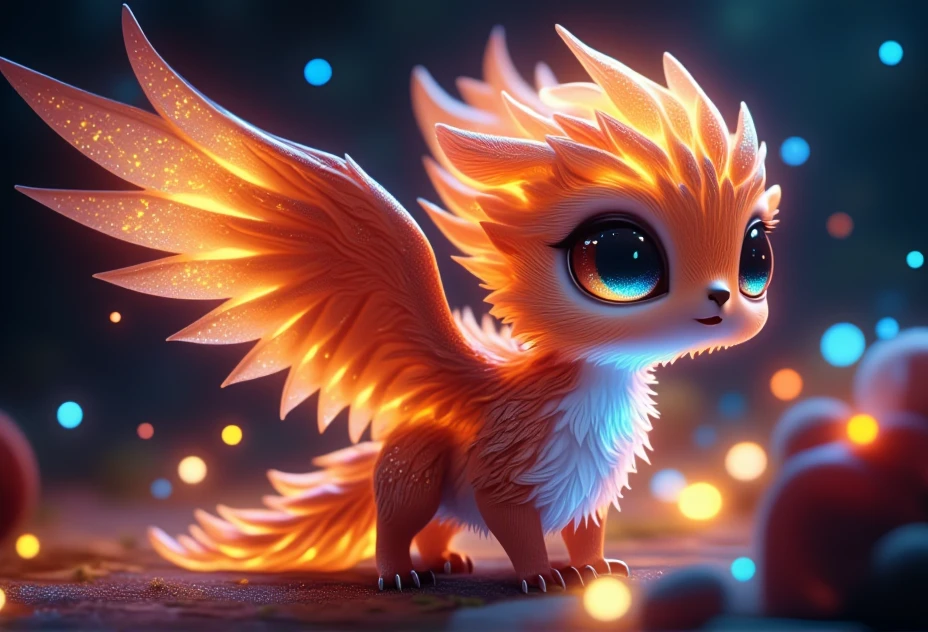 a baby phoenix with glowing feathers, bv-cutenh, in a fantastical style, ultra-detailed, with vibrant, radiant colors, sparkling ambiance that creates a sense of wonder, emphasizing extreme cuteness and charm with soft, rounded features, oversized, expressive eyes, and an enchanting atmosphere that instantly grabs attention.<lora:bv-cuteness-enhancer-v1.safetensors:1.0:1.0>