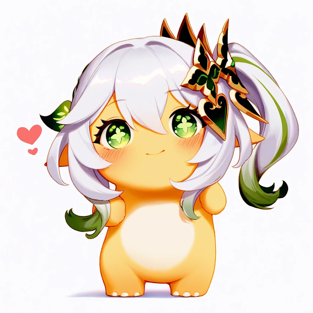 (nailong), pokemon \(creature\), no humans,yellow skin,
nahida \(genshin impact\),cross-shaped pupils,side ponytail,
heart,
simple background, white background,
best quality, masterpiece,
<lora:nailong_noob_ep50_v1-000010:1> <lora:outline_xl_kohaku_delta_spv5x:-2>