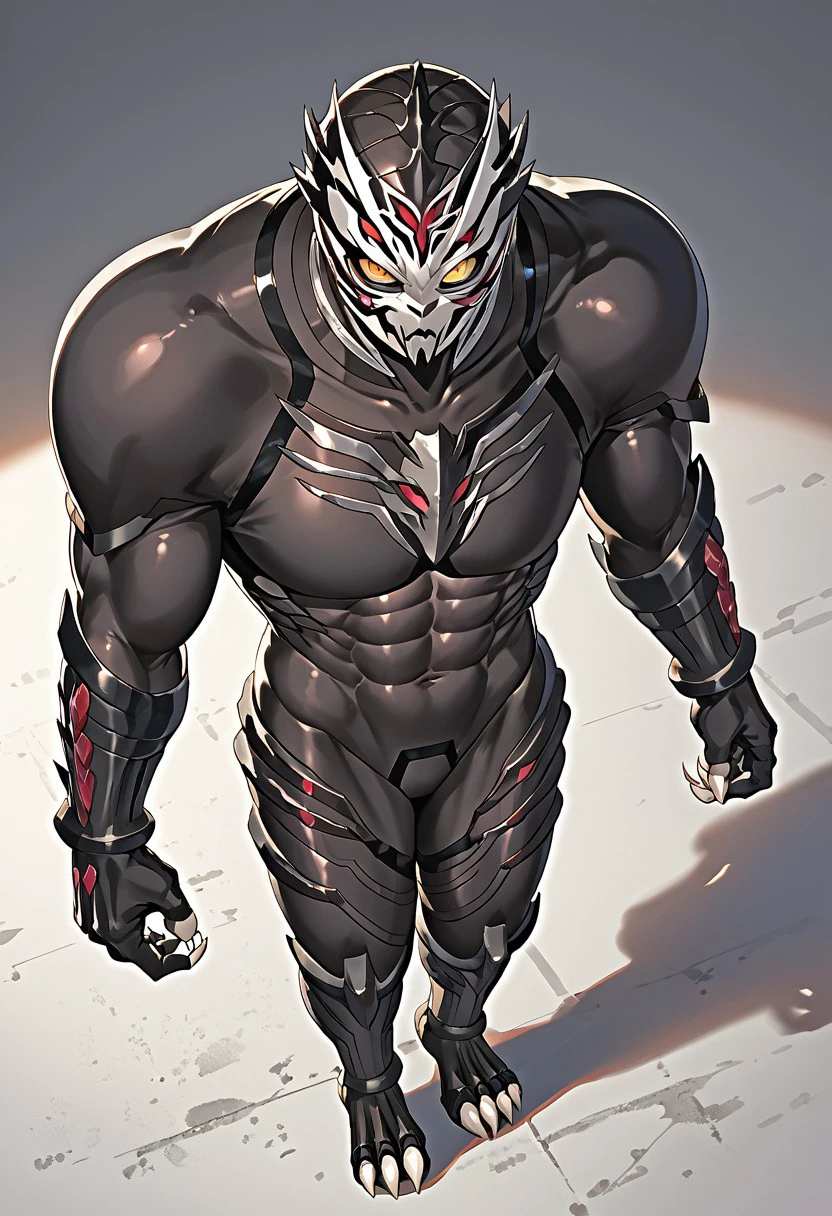 Score_9, Score_8_up, Score_7_up, 1girl, solo, upper body, front view, onster-tiger-suit, tora-hara-mi-tsuki, helmet, monster, covered navel, abs, claws, sharp toenails, bodysuit, armor, spikes, mask, bodysuit. dynamic angle, from above, looking at viewer