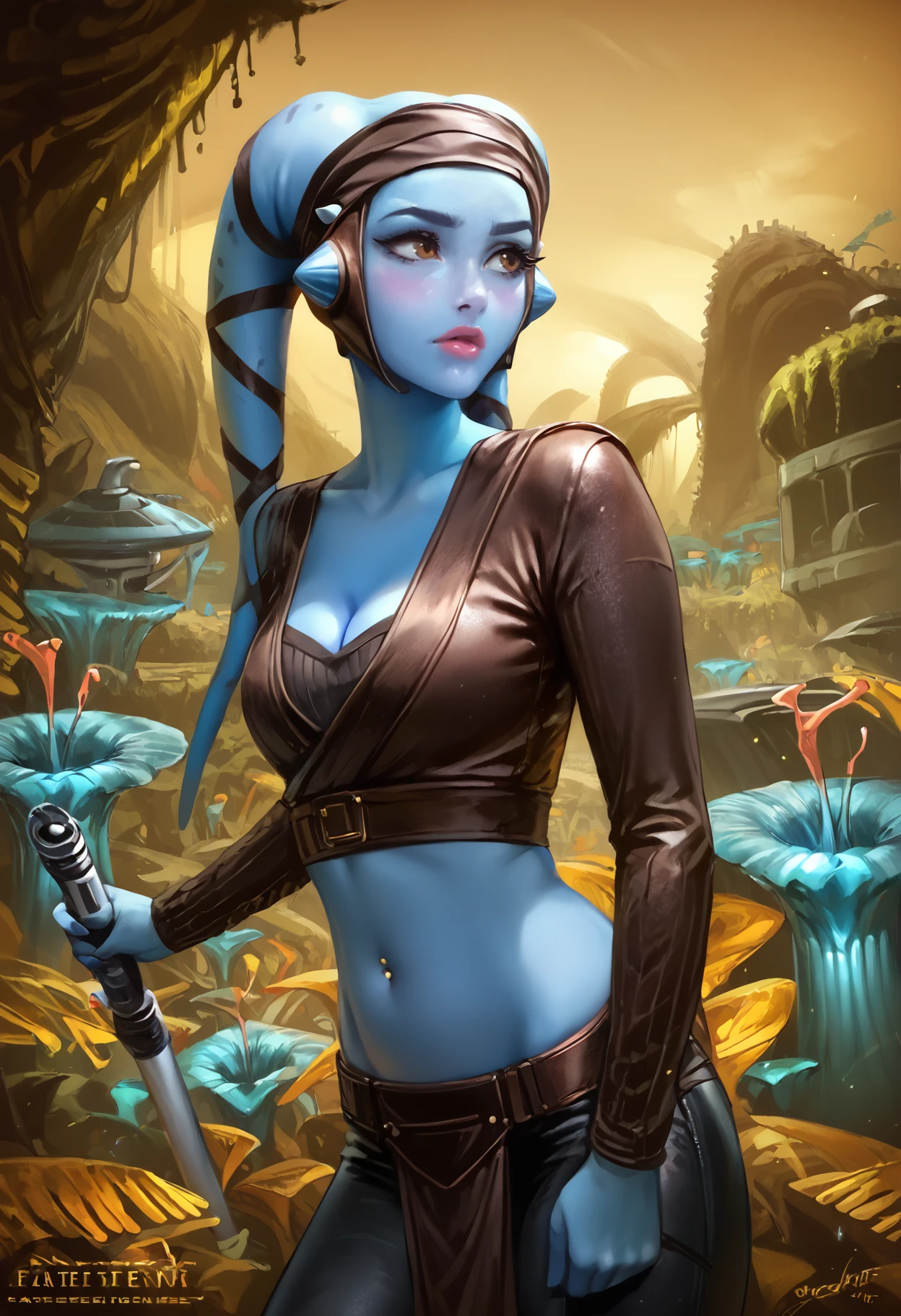 score_9, score_8_up, score_7_up, highly detailed, realistic, award-winning, professional, beautiful aesthetic, very intricate, high quality details. Aayla Secura, head dress, twi'lek, blue skin, brown eyes, alien, tentacle hair, hourglass figure, slim body, small breasts, cleavage, athletic, navel piercing, long sleeve brown leather scale top, midriff, (leather pants), loincloth, (scared:0.5), from side, holding lightsaber hilt, complicated background, (alien planet, dark yellow sky, fungus forest, pitcher plant, spaceship wreck, battle)
<lora:Aayla_Secura_Pony:0.7>  <lora:Kittew-4RCH0N:0.8> <lora:felucia:1>