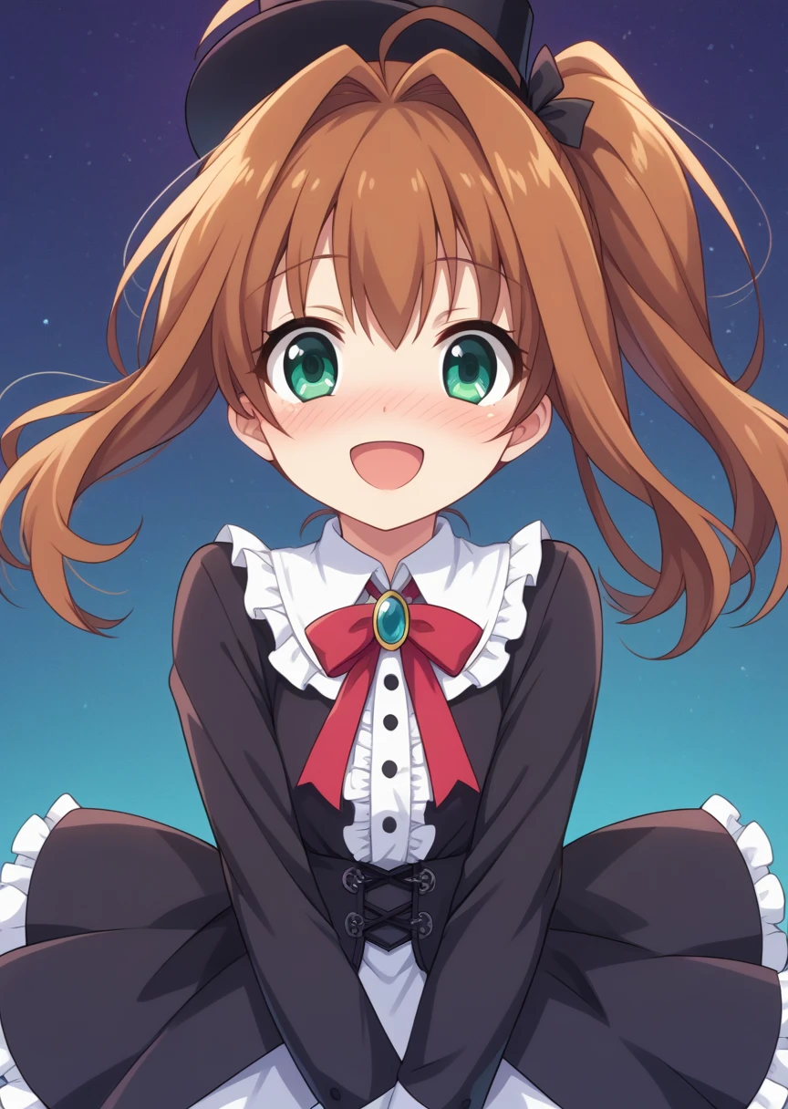 score_9, score_8_up, score_7_up, score_6_up, score_5_up, BREAK
Akar1, human, female, 1girl, solo, looking at viewer,side ponytail, blush, open mouth, brown hair, green eyes, hair ribbon, ahoge, :D, happy, smile, deep blush, nose blush, goth dress, dynamic pose, top hat