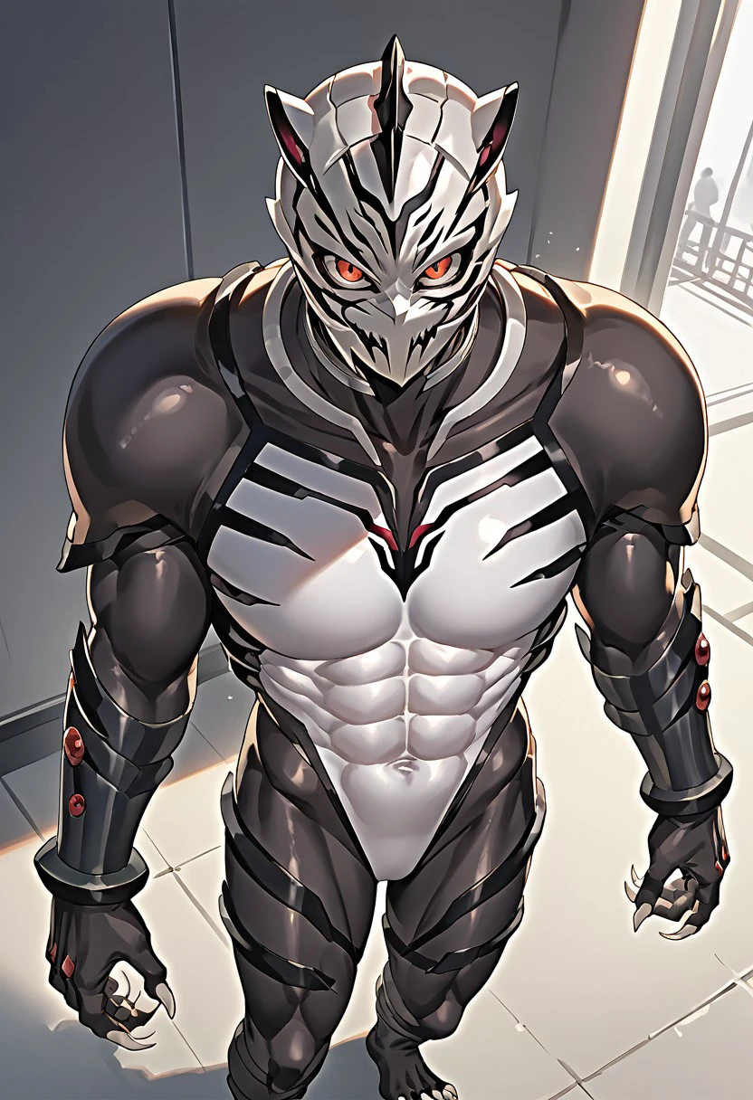 Score_9, Score_8_up, Score_7_up, 1girl, solo, upper body, front view, onster-tiger-suit, tora-hara-mi-tsuki, helmet, monster, covered navel, abs, claws, sharp toenails, bodysuit, armor, spikes, mask, bodysuit. dynamic angle, from above, looking at viewer