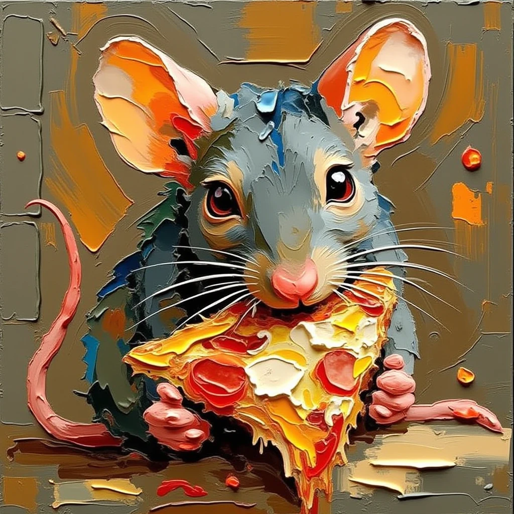 impaflux painting rat eats pizza, oil technique