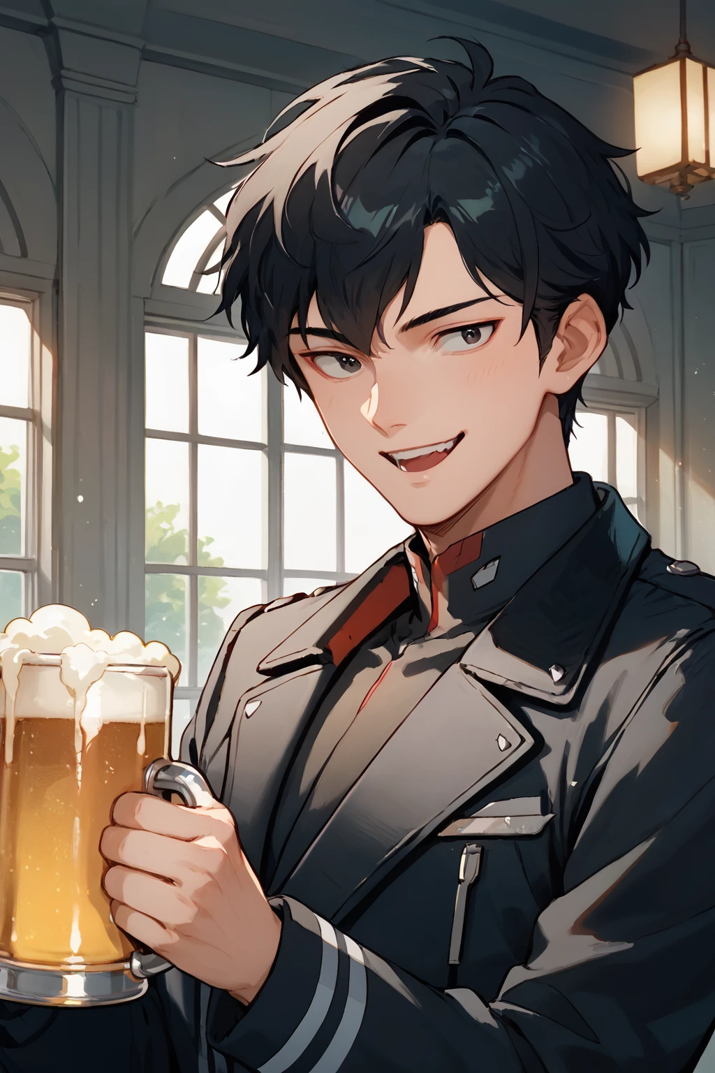 sci-fi illustration, gyunei, solo male, handsome face, black hair, black jacket, holding beer, happy, <lora:gyunei:0.8>, interior izakaya, (score_9, score_8_up, score_7_up)