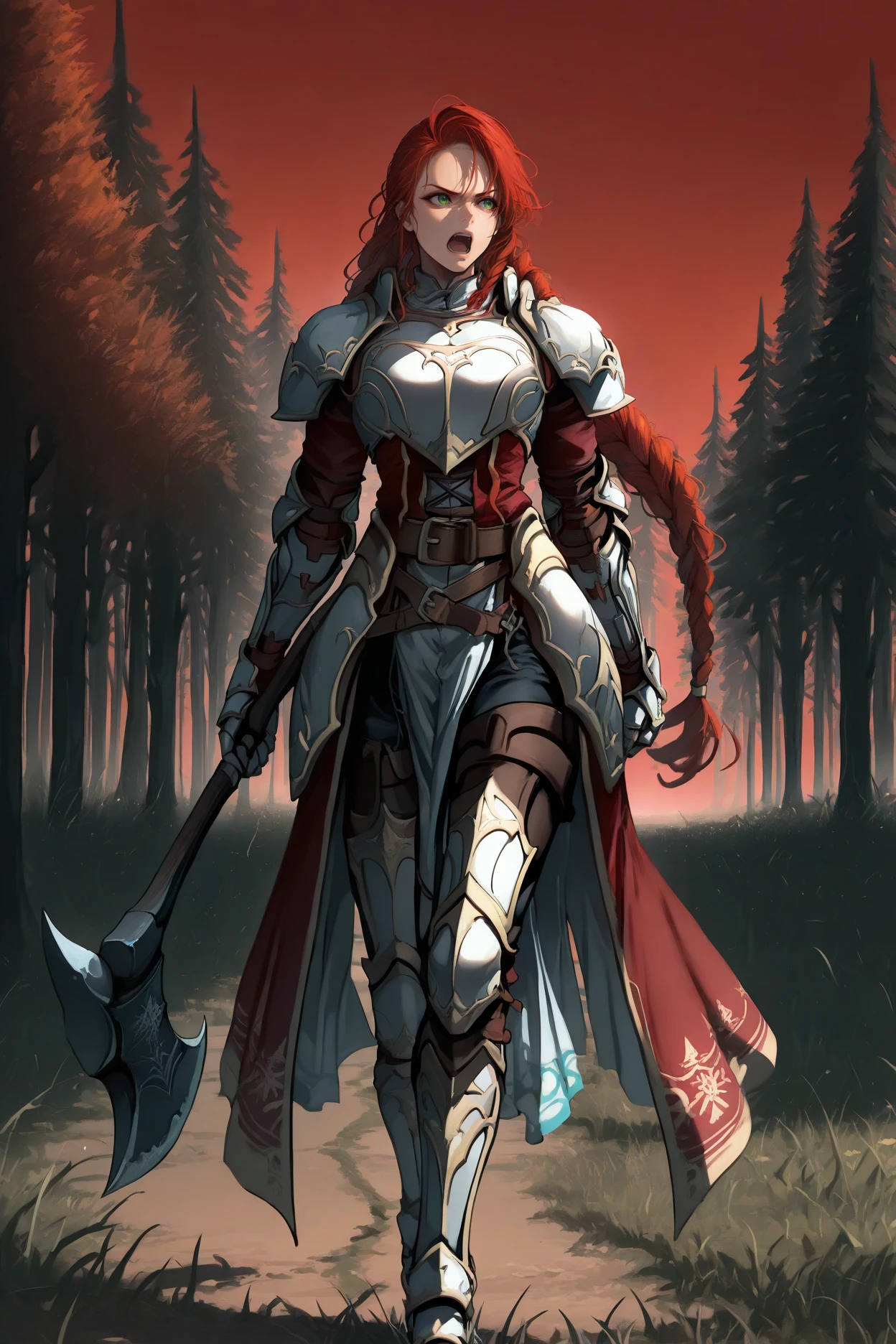 masterpiece, best quality, 1girl, solo,  <lora:fetitania-illu-nvwls-v1-000005:1> defttna, red hair, green eyes, braided ponytail, armor, shoulder armor, red coat, gauntlets, belt, pelvic curtain, pants, armored boots, walking, holding axe, serious, open mouth, field, red sky, forest, trees, full body,