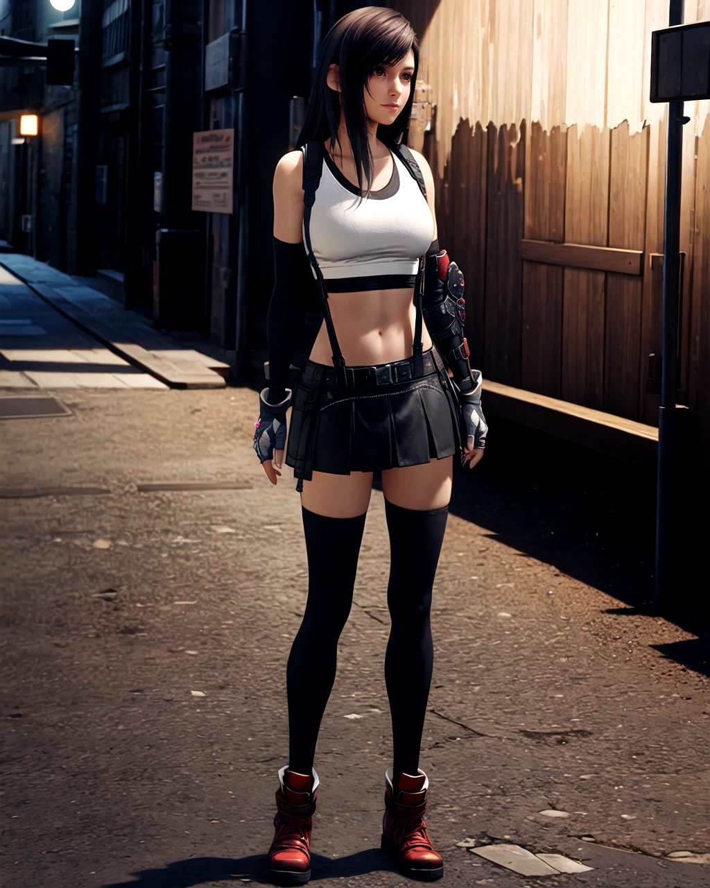 ((masterpiece, best quality;1.3)), ultra detailed, detailed background, tifa lockhart, final fantasy vii remake, ankle boots, red footwear, black skirt, suspender skirt, black thighhighs, white tank top, crop top, elbow gloves, single elbow pad, head rest, fingerless gloves, gloves, black hair, very long hair, big breasts, detailed eyes, ultra detailed eyes, suspenders, standing with back, full length, sports bra, outside, industrial zone background, narrow street, night, puddles on asphalt, reflection, small moon in sky, starry, after rain, fit body, <lora:Tifa-Lockhart-Final-Fantasy-VII-Remake-Intergrade-SD15:0.8>