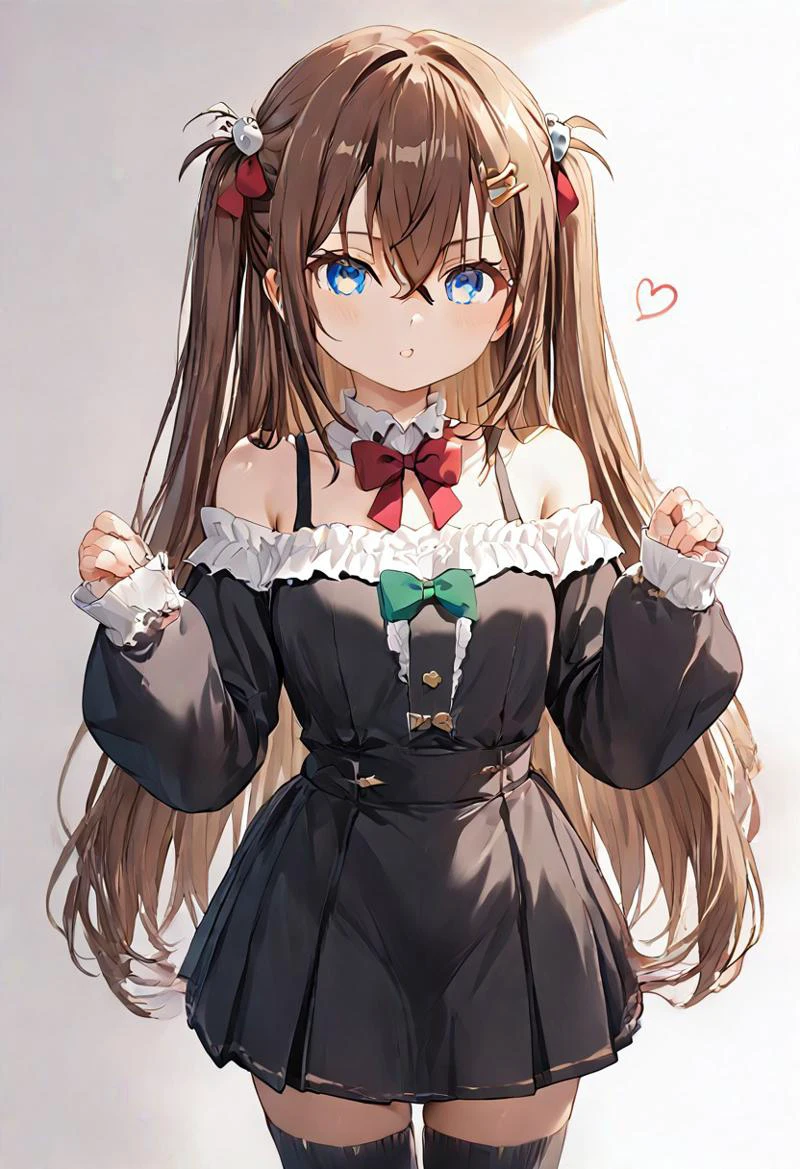 zPDXL3, score_9, score_8_up, score_7_up, source_anime, 1girl, very long hair,long hair,brown hair,two side up,hair bow,red bow,hairclip,heart hair ornament,hair between eyes,bangs,blue eyes, green bow on neck, black dress, short dress, (bare shoulder:1.4), white frilled trim, puffy long sleeves,sleeves past wrists, black socks, black loafers, standing, looking at viewer top down close-up,