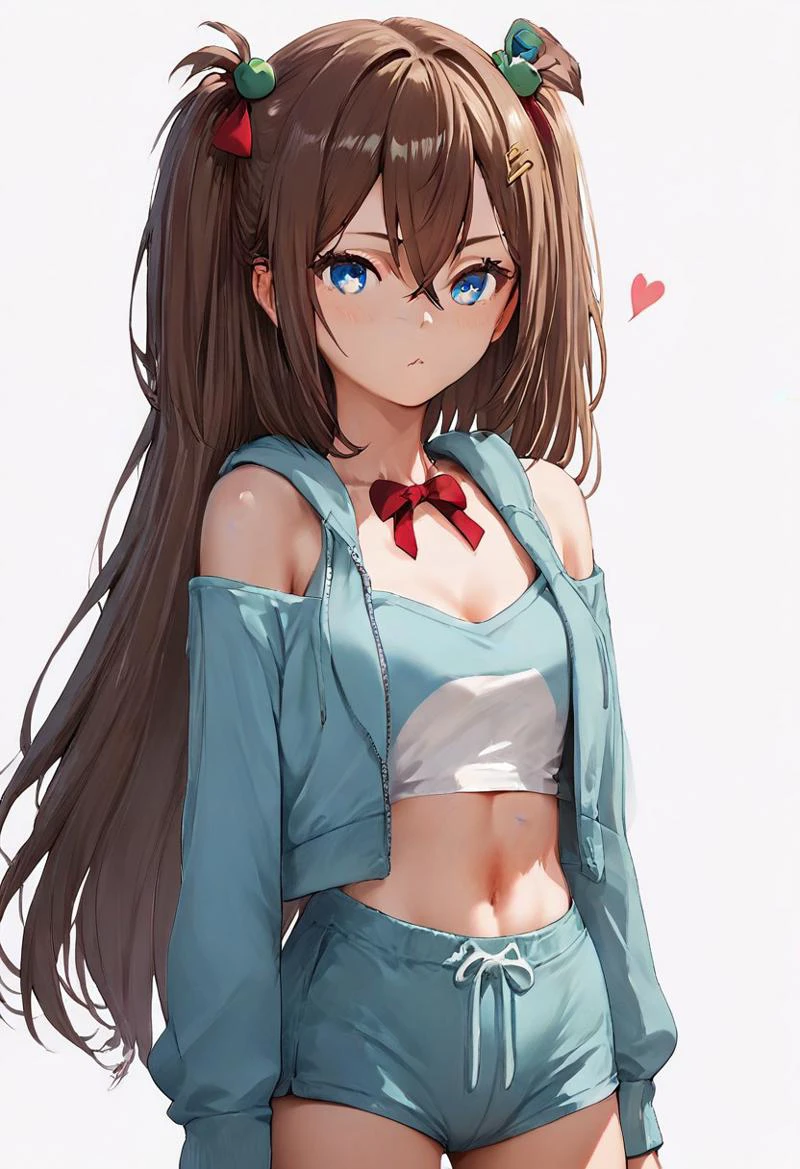 zPDXL3, score_9, score_8_up, score_7_up, source_anime, 1girl, very long hair,long hair,brown hair,two side up,hair bow,red bow,hairclip,heart hair ornament,hair between eyes,bangs,blue eyes, green bow on neck, (bare shoulder:1.4), open hoodie, crop top, shorts