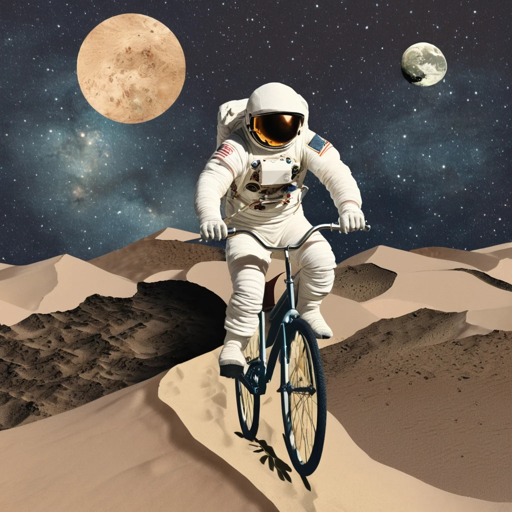 ohw rendering, an astronaut riding a bicycle over dunes, the Earth on the sky, dark sky, collage style, cutout